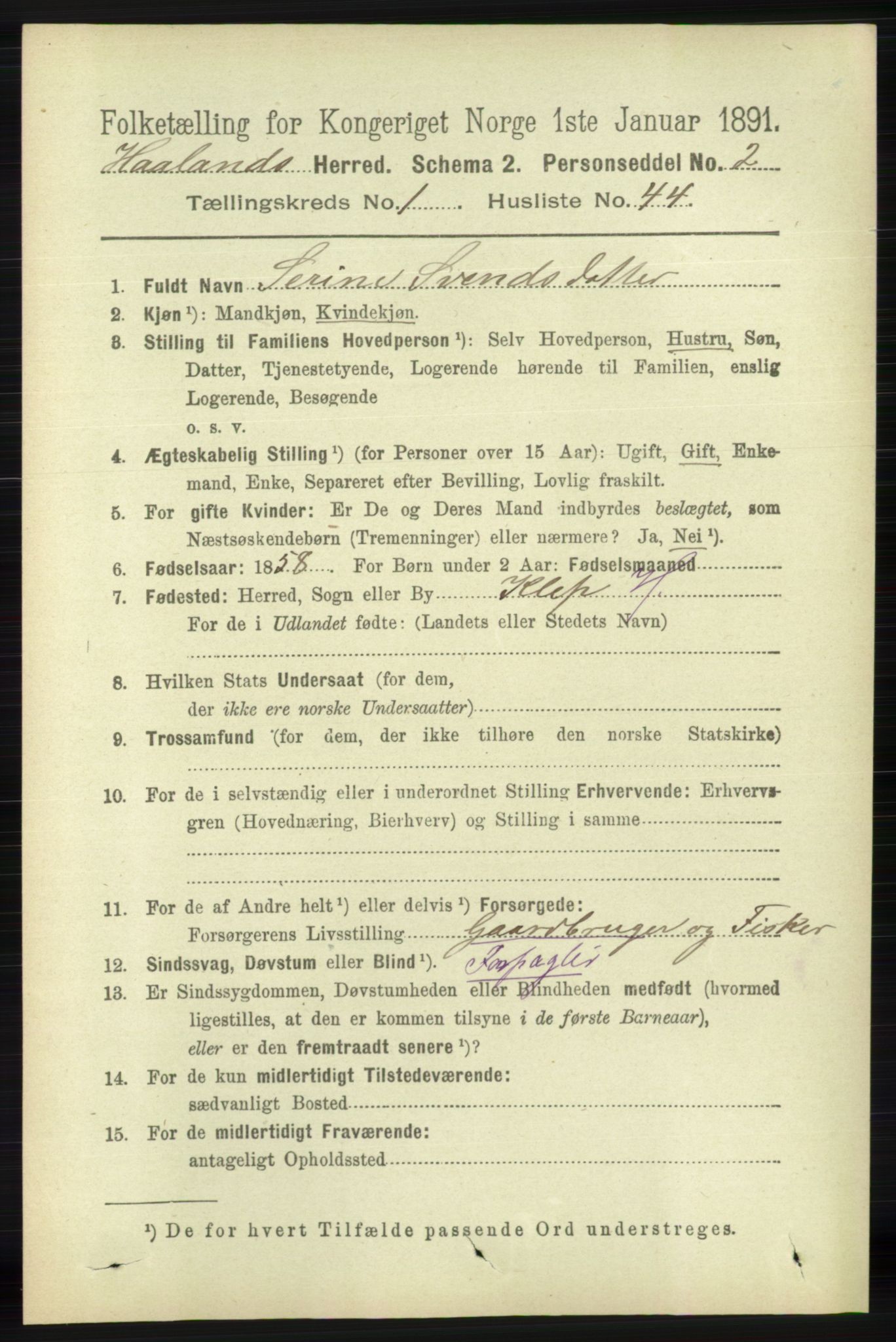 RA, 1891 census for 1124 Haaland, 1891, p. 439
