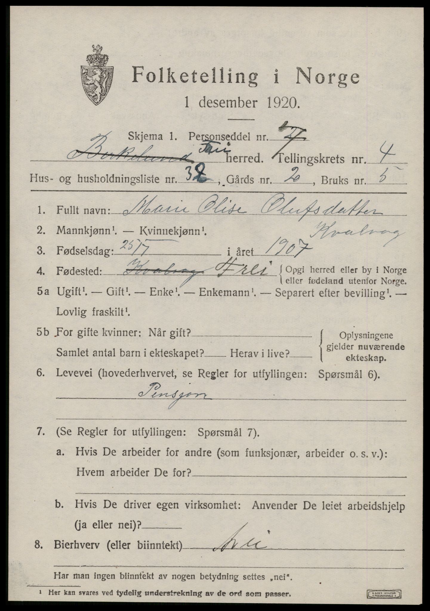 SAT, 1920 census for Frei, 1920, p. 2525