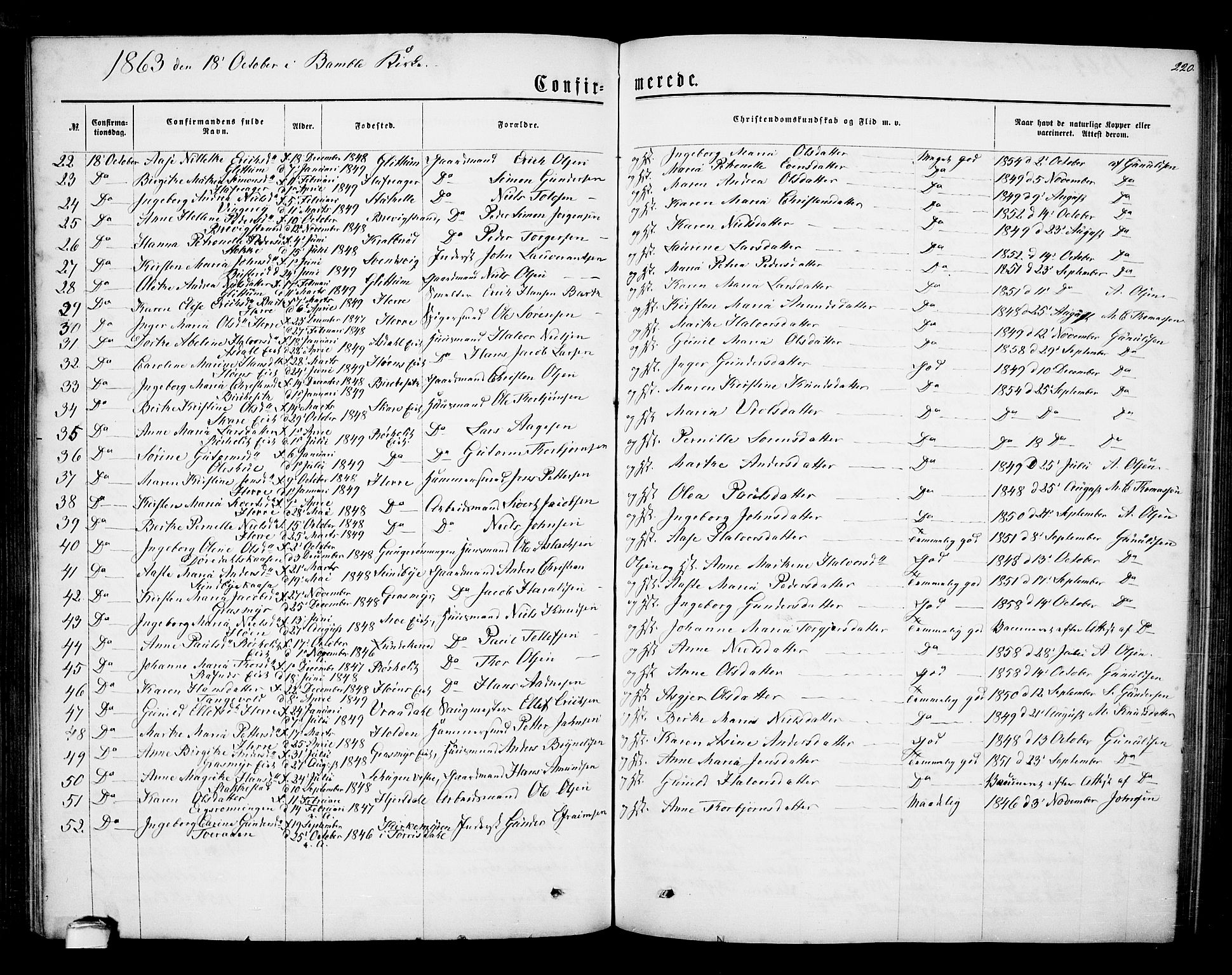 Bamble kirkebøker, AV/SAKO-A-253/G/Ga/L0006: Parish register (copy) no. I 6, 1860-1876, p. 220