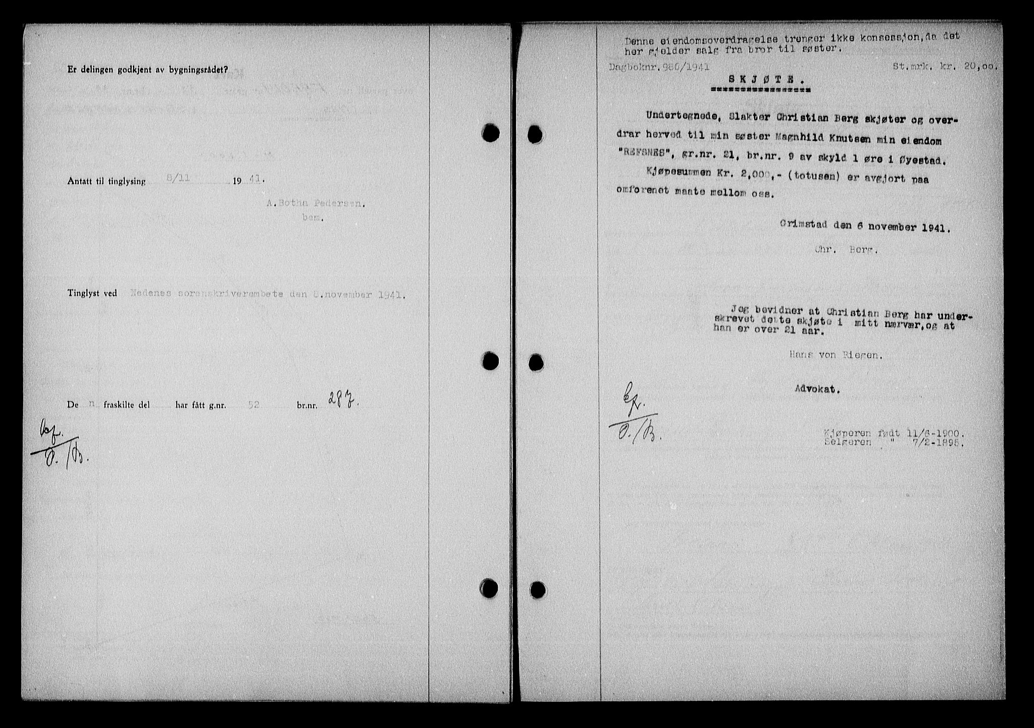 Nedenes sorenskriveri, SAK/1221-0006/G/Gb/Gba/L0048: Mortgage book no. A-II, 1940-1941, Diary no: : 986/1941