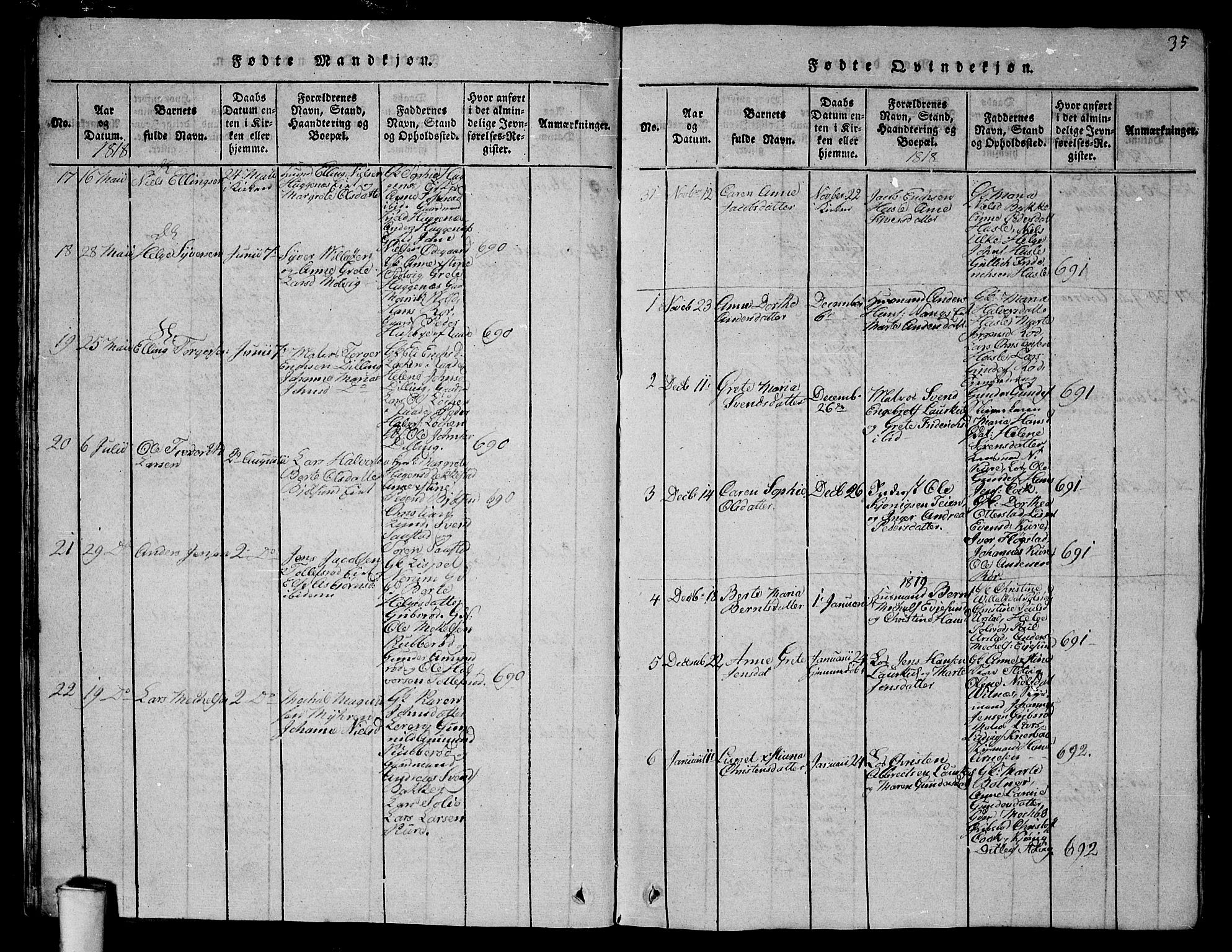 Rygge prestekontor Kirkebøker, SAO/A-10084b/G/Ga/L0001: Parish register (copy) no. 1, 1814-1871, p. 34-35