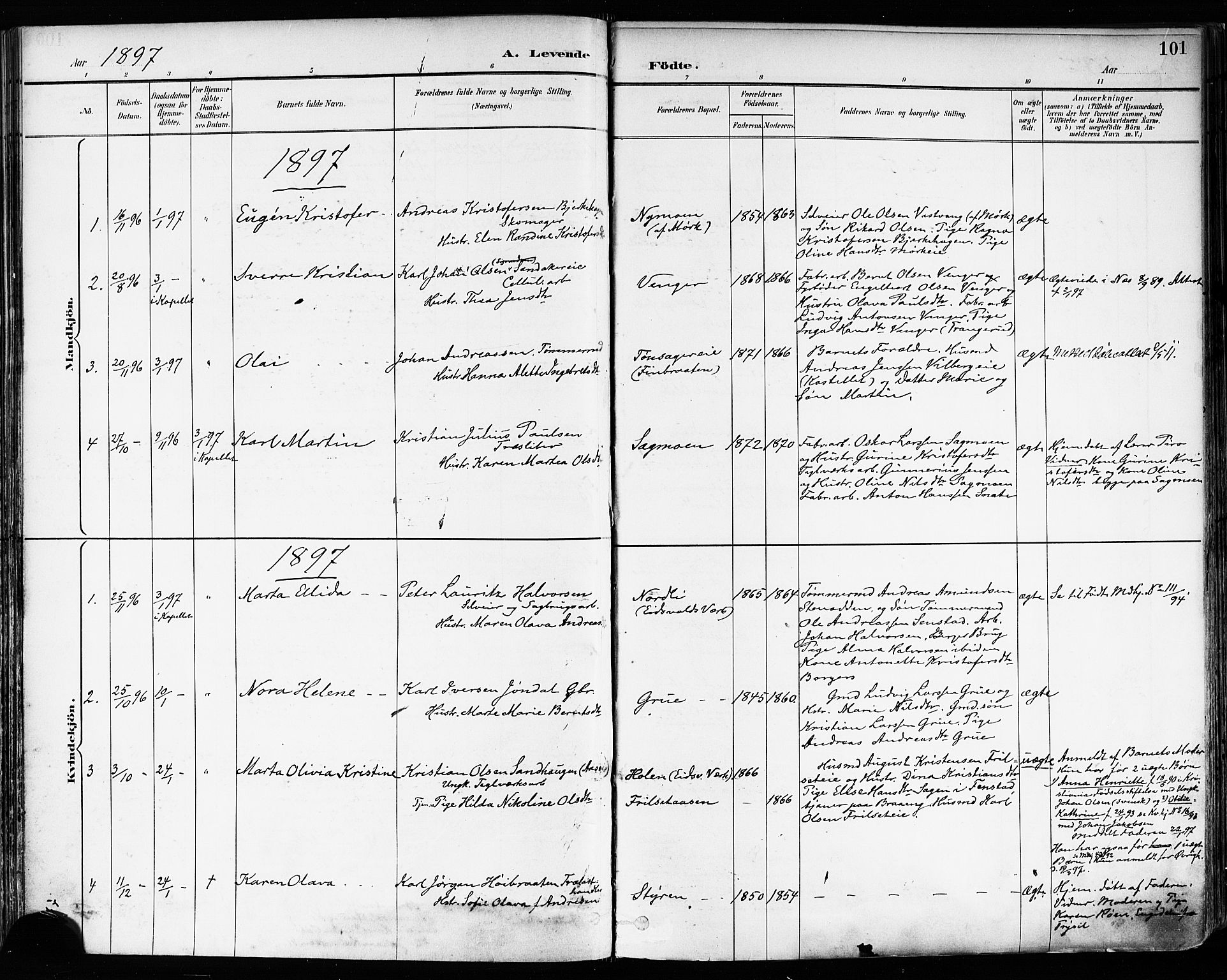Eidsvoll prestekontor Kirkebøker, SAO/A-10888/F/Fa/L0004: Parish register (official) no. I 4, 1891-1900, p. 101