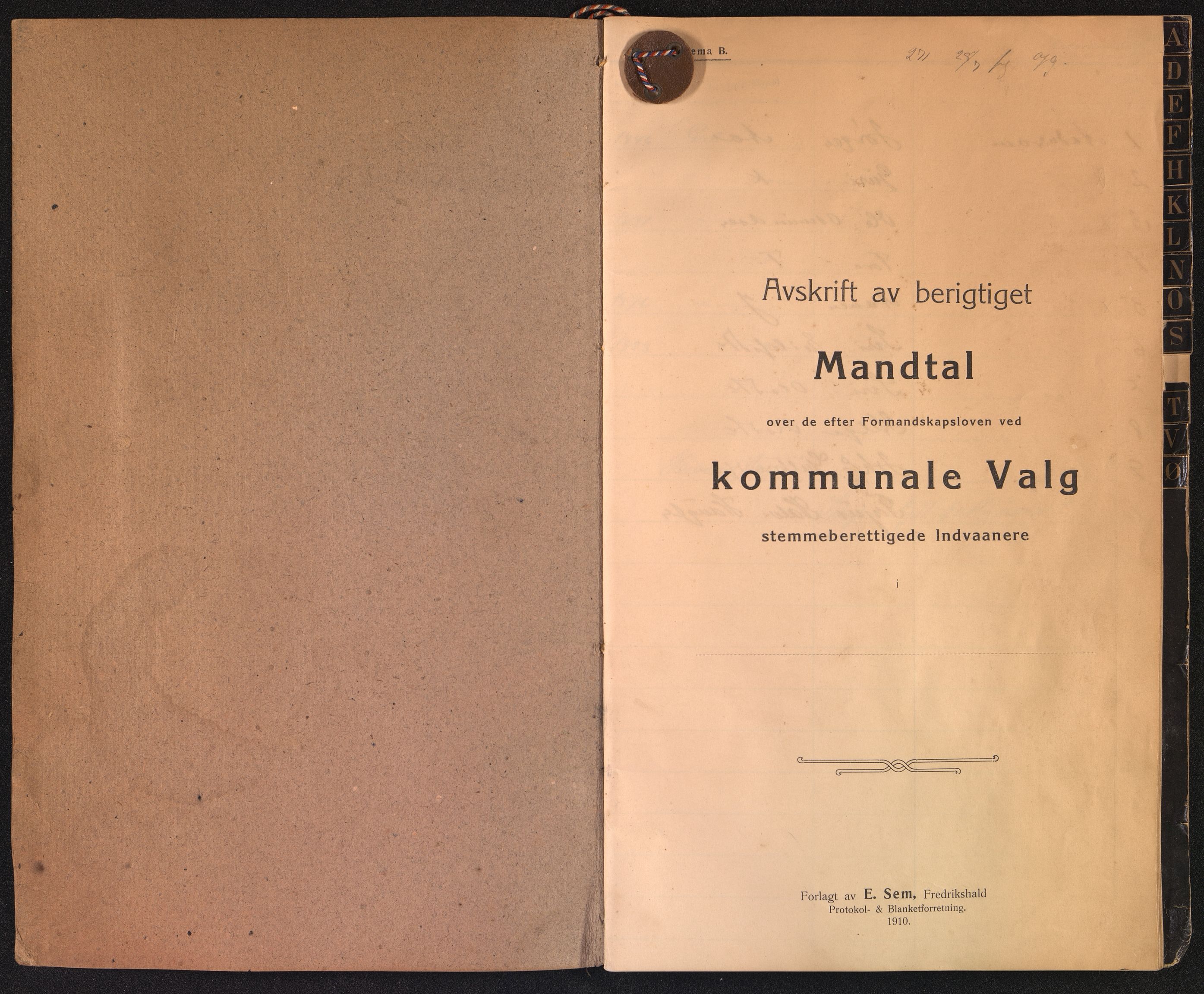 Øvre Sirdal kommune - Valgstyret, ARKSOR/1046ØS110/F/L0001: Avskrift kommunalt manntall, 1910