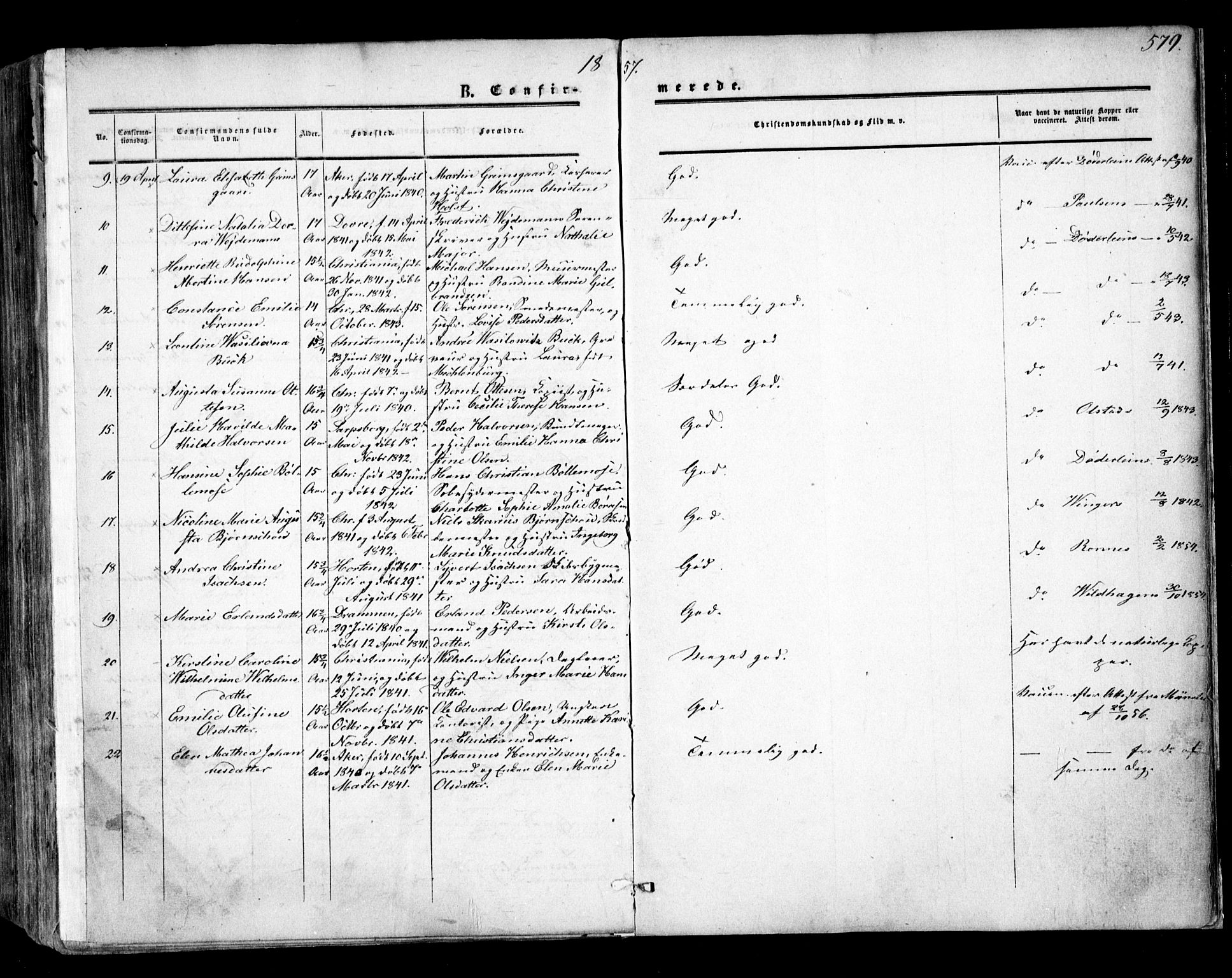 Oslo domkirke Kirkebøker, AV/SAO-A-10752/F/Fa/L0014: Parish register (official) no. 14, 1850-1857, p. 579