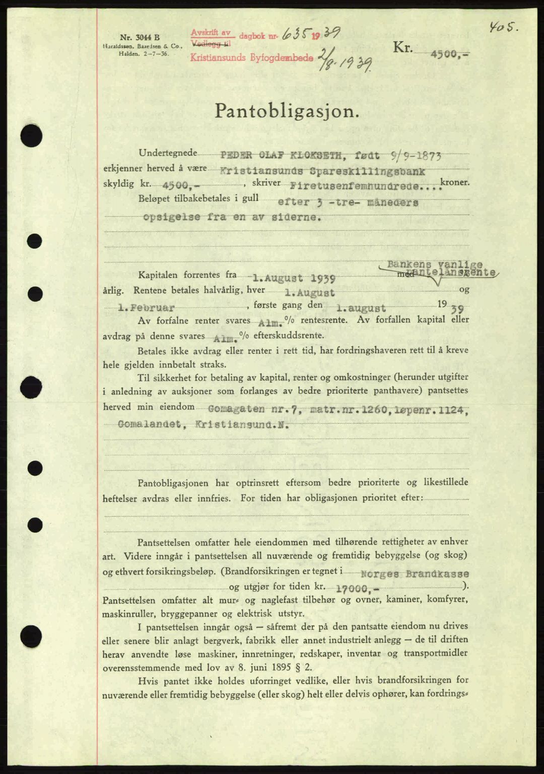 Kristiansund byfogd, AV/SAT-A-4587/A/27: Mortgage book no. 31, 1938-1939, Diary no: : 635/1939