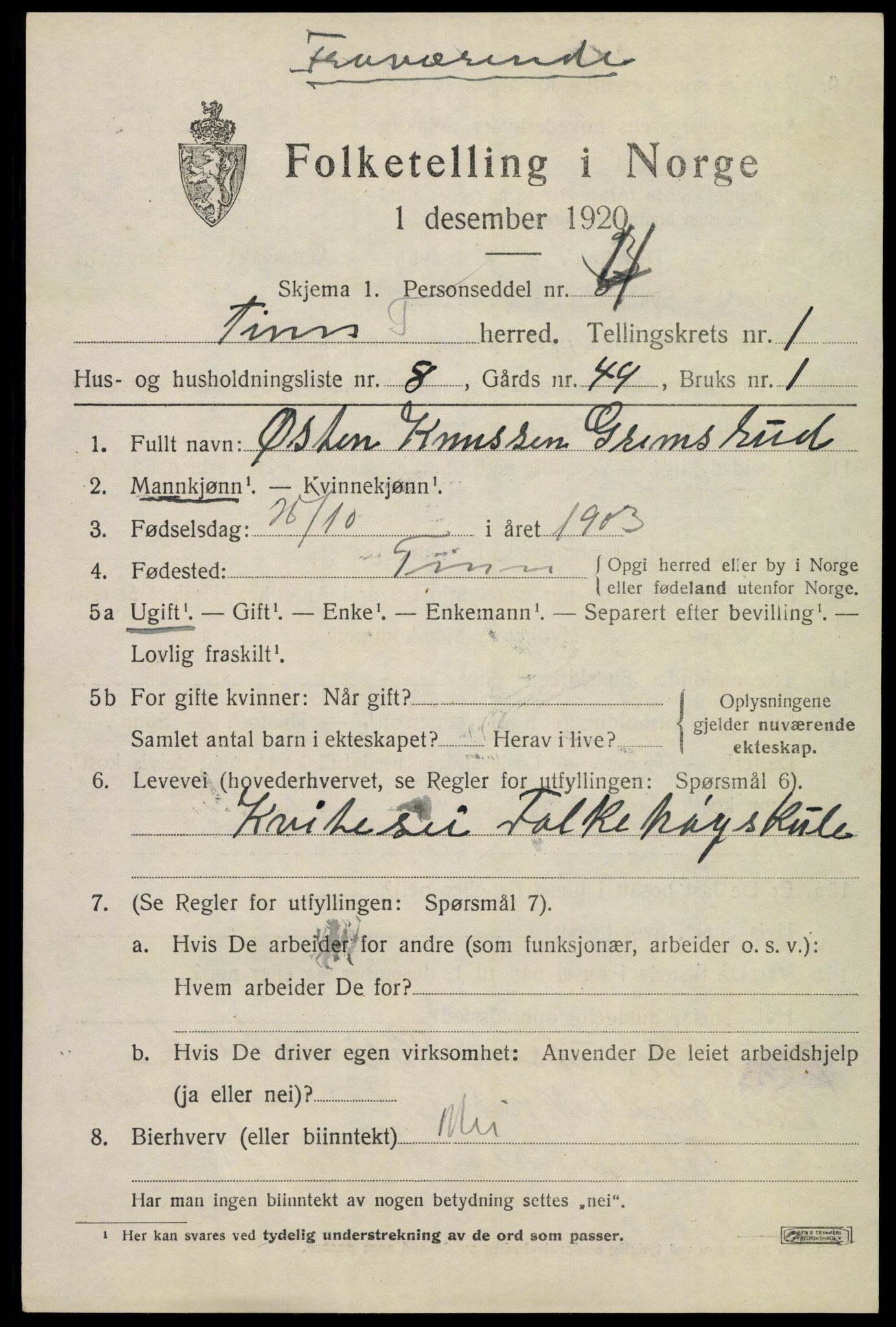 SAKO, 1920 census for Tinn, 1920, p. 2780
