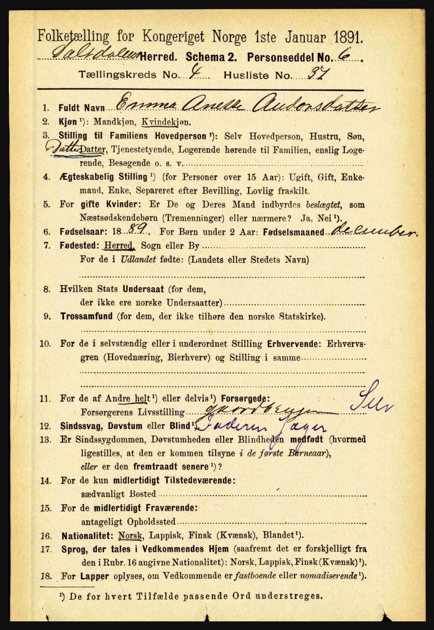 RA, 1891 census for 1840 Saltdal, 1891, p. 2577