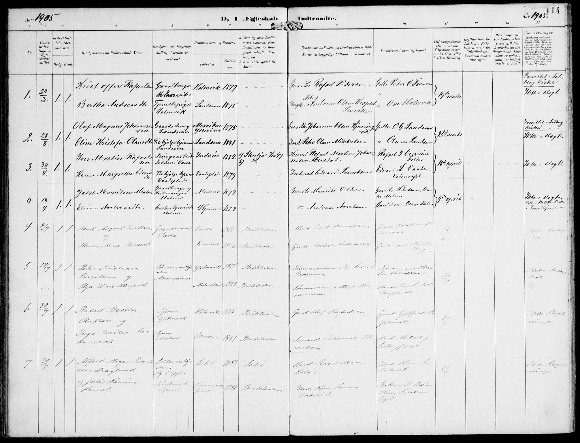 Ministerialprotokoller, klokkerbøker og fødselsregistre - Nord-Trøndelag, SAT/A-1458/745/L0430: Parish register (official) no. 745A02, 1895-1913, p. 114