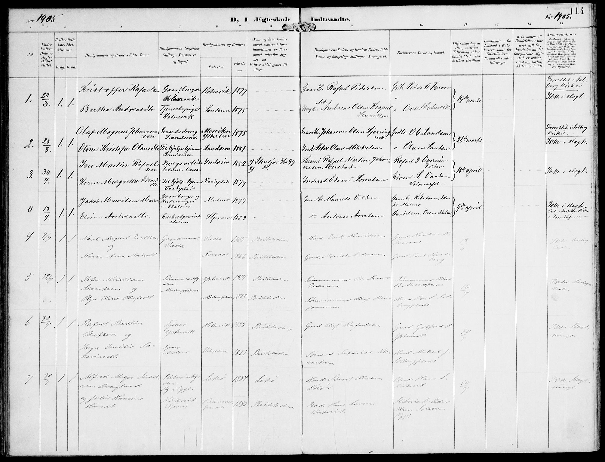 Ministerialprotokoller, klokkerbøker og fødselsregistre - Nord-Trøndelag, AV/SAT-A-1458/745/L0430: Parish register (official) no. 745A02, 1895-1913, p. 114