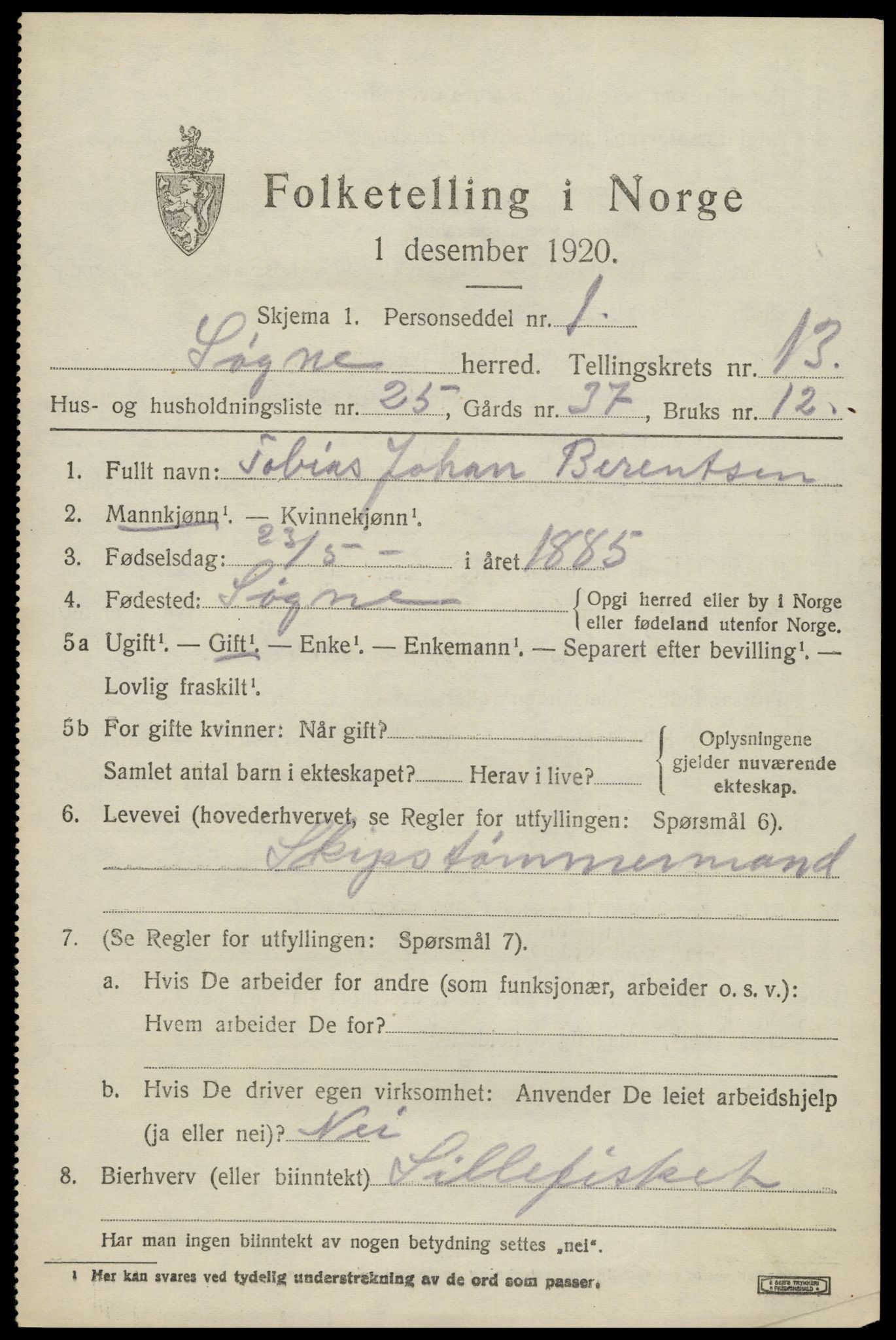 SAK, 1920 census for Søgne, 1920, p. 6669