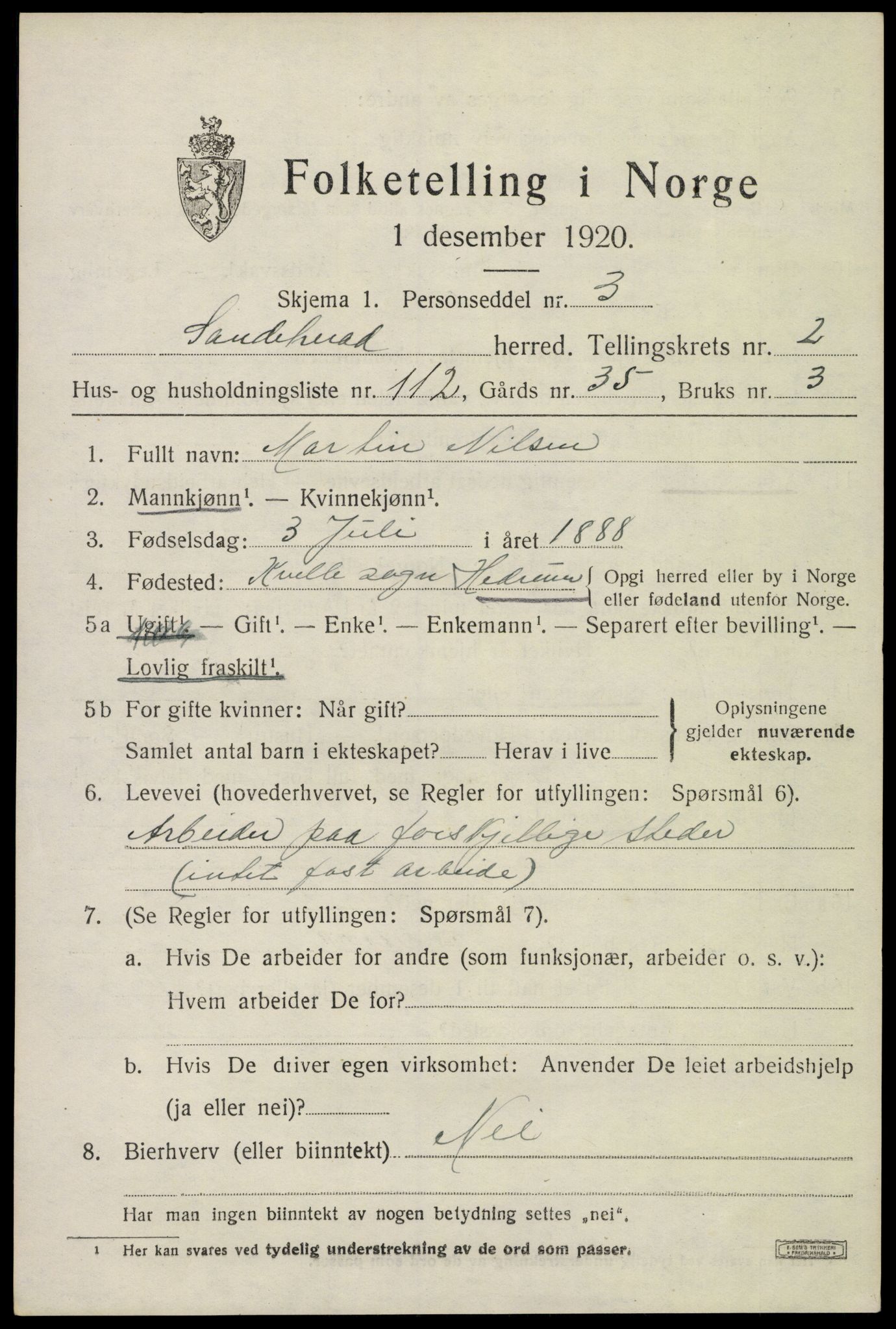 SAKO, 1920 census for Sandeherred, 1920, p. 5184