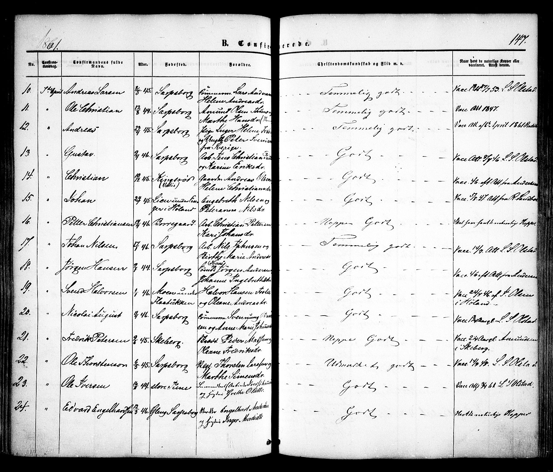 Sarpsborg prestekontor Kirkebøker, AV/SAO-A-2006/F/Fa/L0001: Parish register (official) no. 1, 1859-1868, p. 147