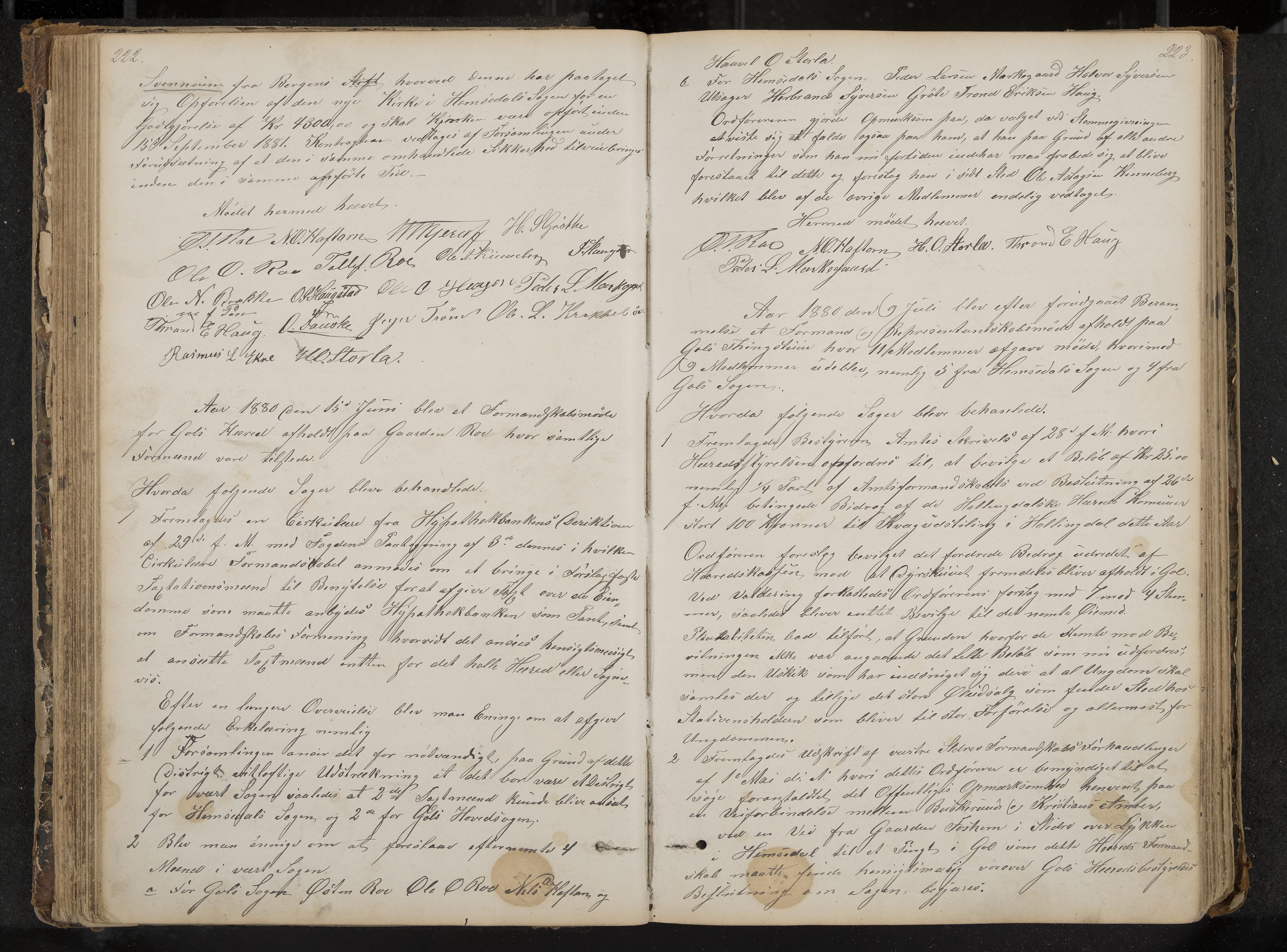 Gol formannskap og sentraladministrasjon, IKAK/0617021-1/A/Aa/L0002: Møtebok med register, 1870-1892, p. 222-223