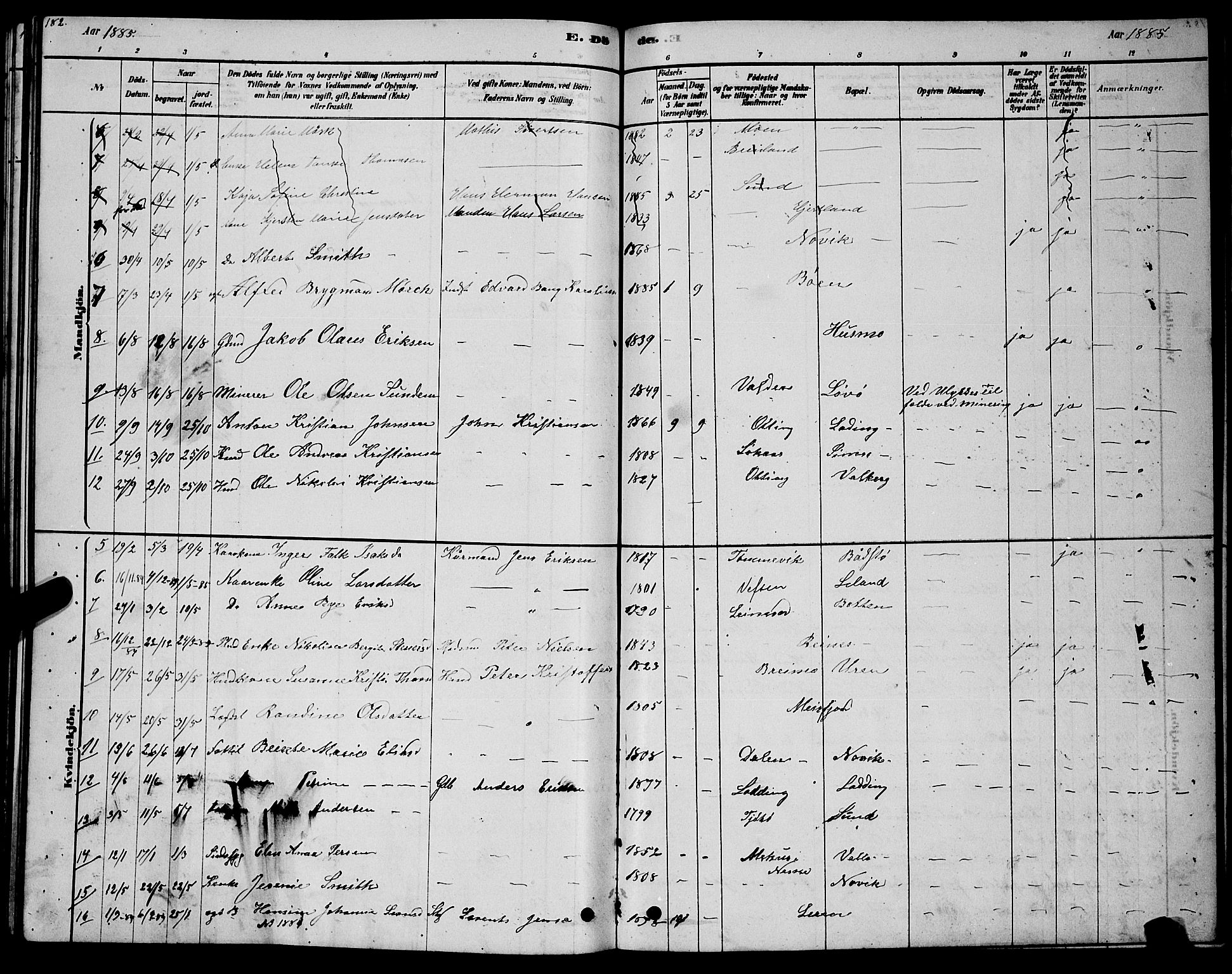 Ministerialprotokoller, klokkerbøker og fødselsregistre - Nordland, AV/SAT-A-1459/831/L0477: Parish register (copy) no. 831C04, 1878-1897, p. 182