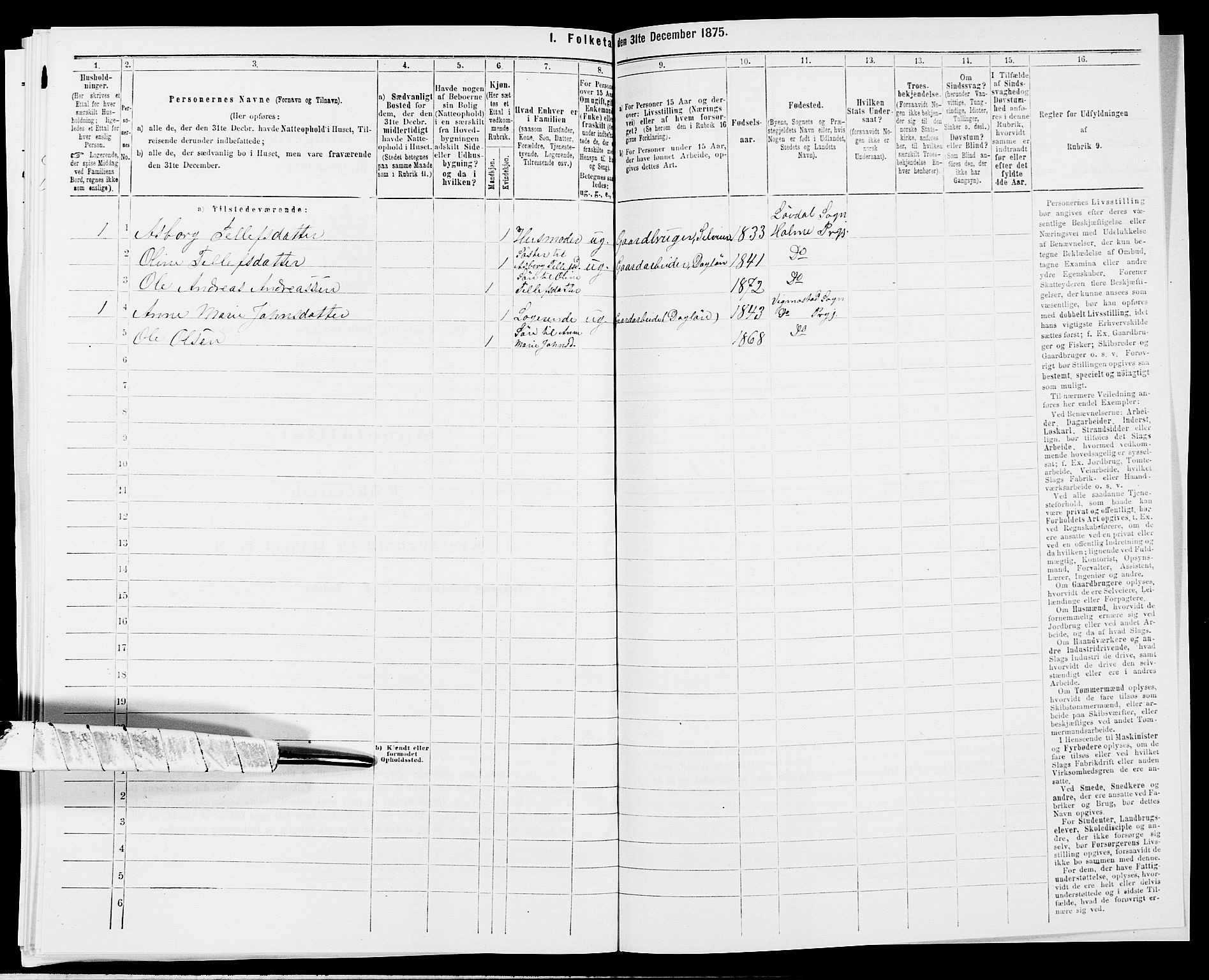 SAK, 1875 census for 1020P Holum, 1875, p. 1321