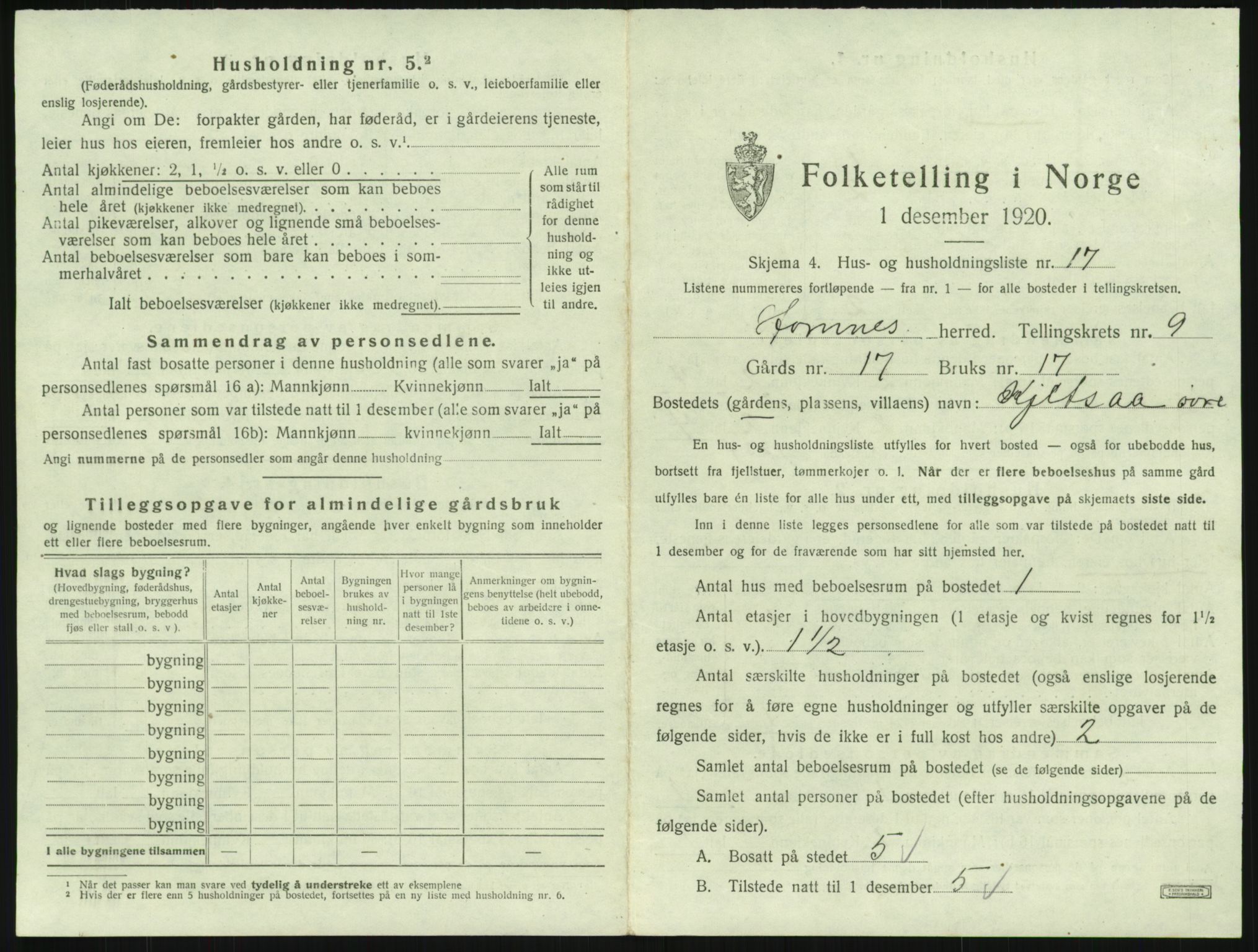 SAK, 1920 census for Hornnes, 1920, p. 383