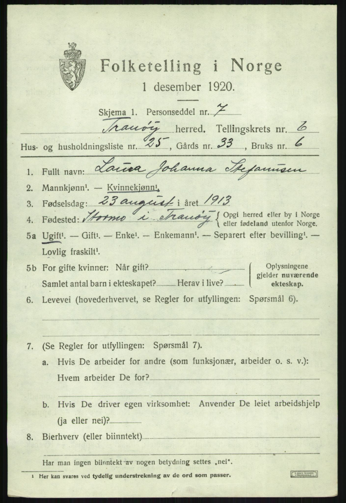 SATØ, 1920 census for Tranøy, 1920, p. 3365