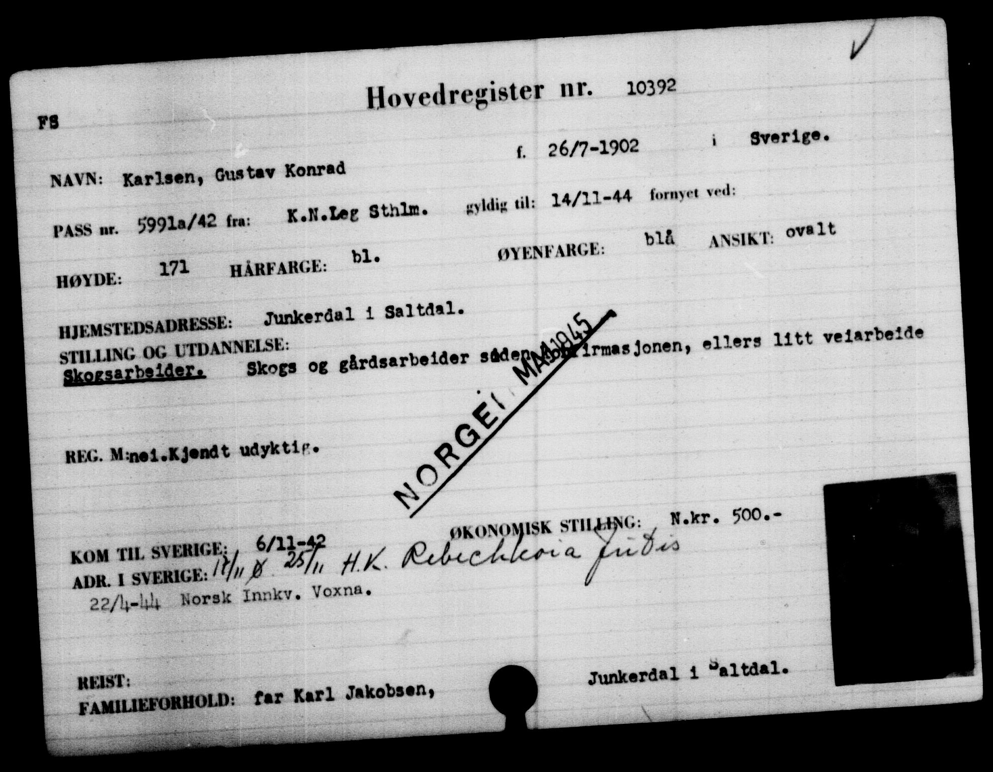Utenriksstasjonene, Legasjonen i Stockholm, Flyktningkontoret, AV/RA-S-6753/V/Va/L0006: Kjesäterkartoteket, flyktninger med registreringsnr. 9400-12711, 1940-1945, p. 1139