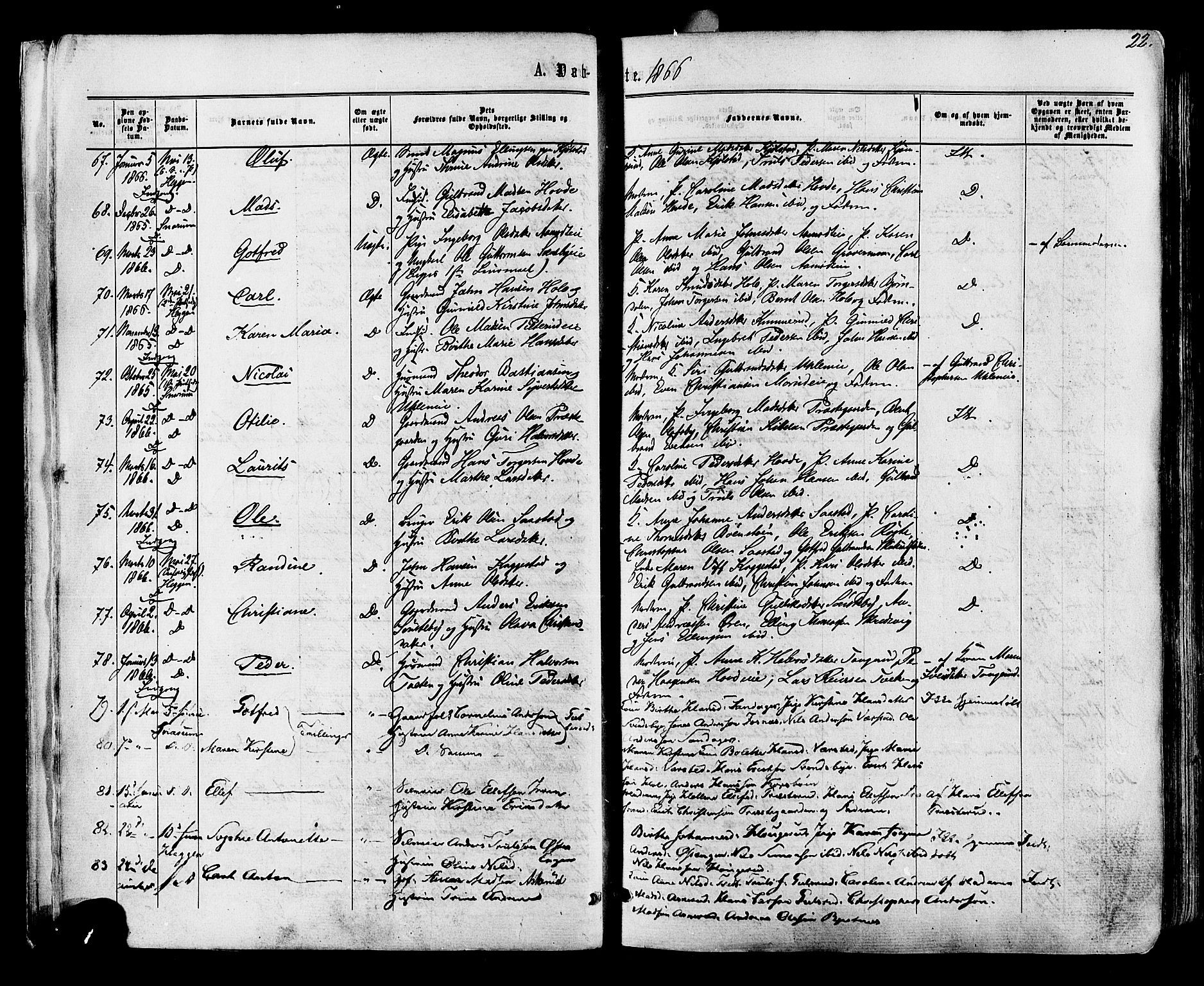 Modum kirkebøker, AV/SAKO-A-234/F/Fa/L0010: Parish register (official) no. 10, 1865-1876, p. 22