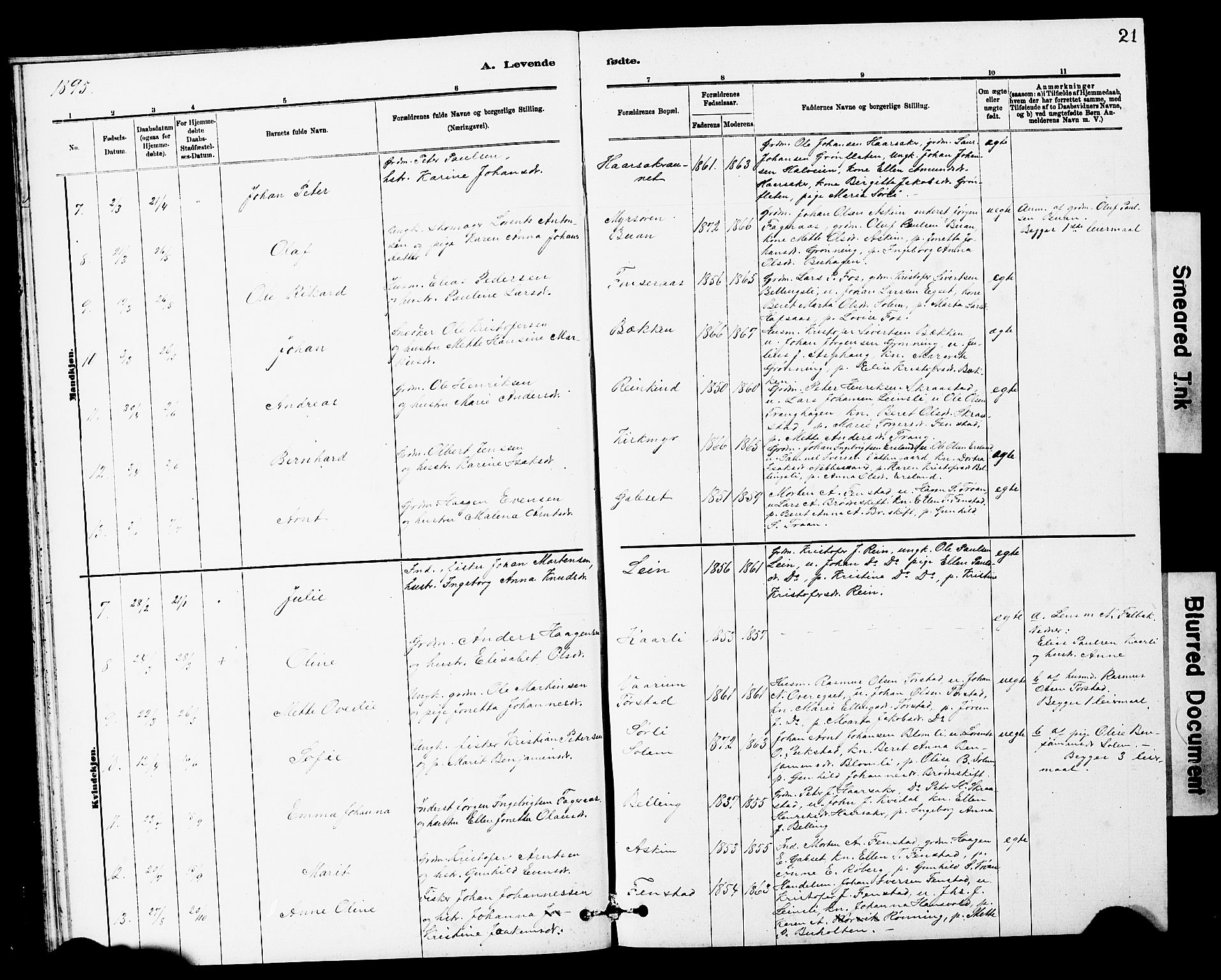 Ministerialprotokoller, klokkerbøker og fødselsregistre - Sør-Trøndelag, SAT/A-1456/646/L0628: Parish register (copy) no. 646C01, 1880-1903, p. 21