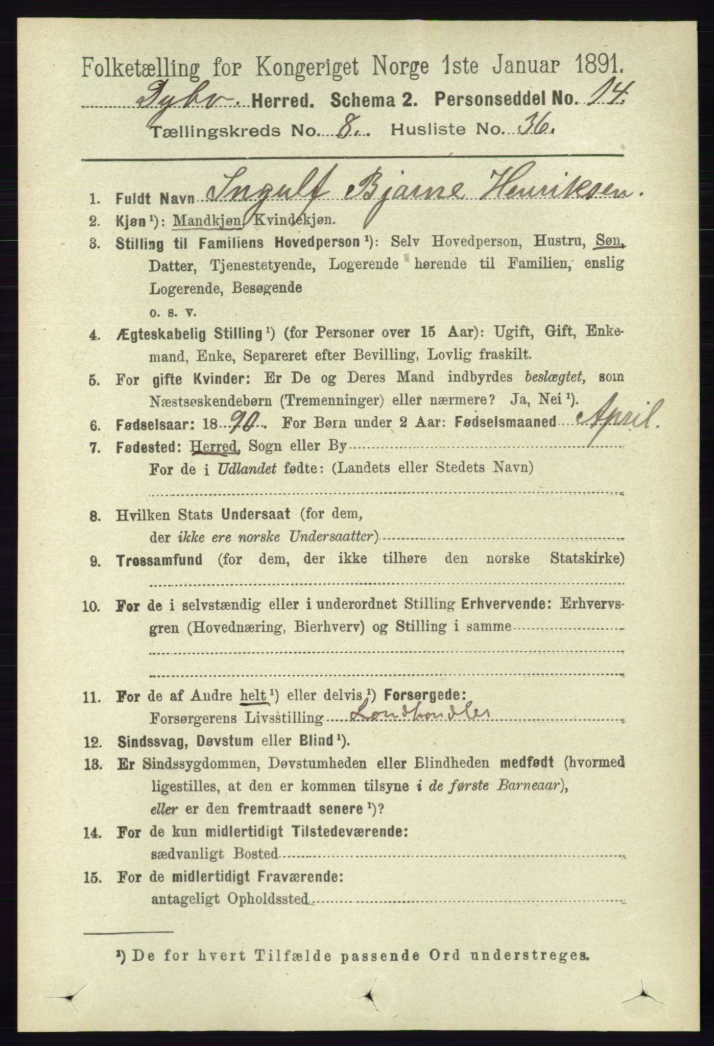 RA, 1891 census for 0915 Dypvåg, 1891, p. 2945