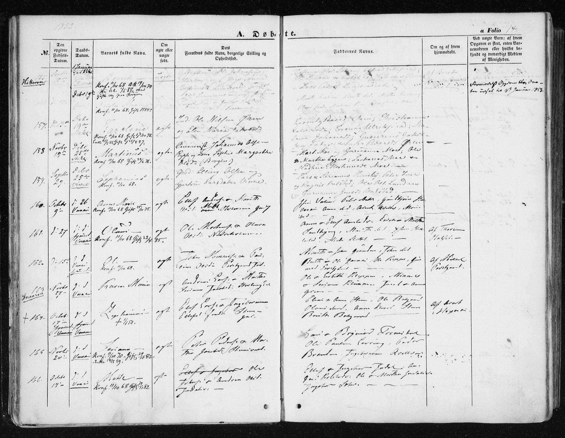 Ministerialprotokoller, klokkerbøker og fødselsregistre - Nord-Trøndelag, SAT/A-1458/723/L0240: Parish register (official) no. 723A09, 1852-1860, p. 14