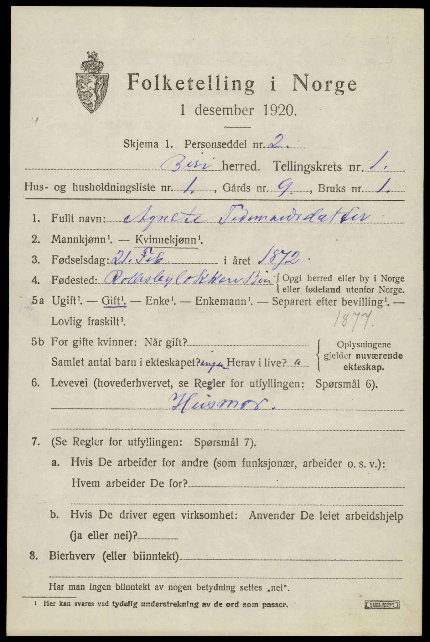 SAH, 1920 census for Biri, 1920, p. 1123