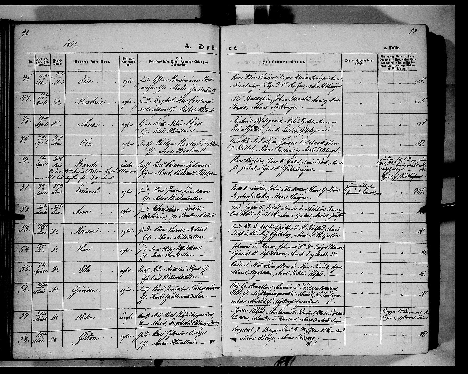 Ringebu prestekontor, AV/SAH-PREST-082/H/Ha/Haa/L0006: Parish register (official) no. 6, 1848-1859, p. 92-93