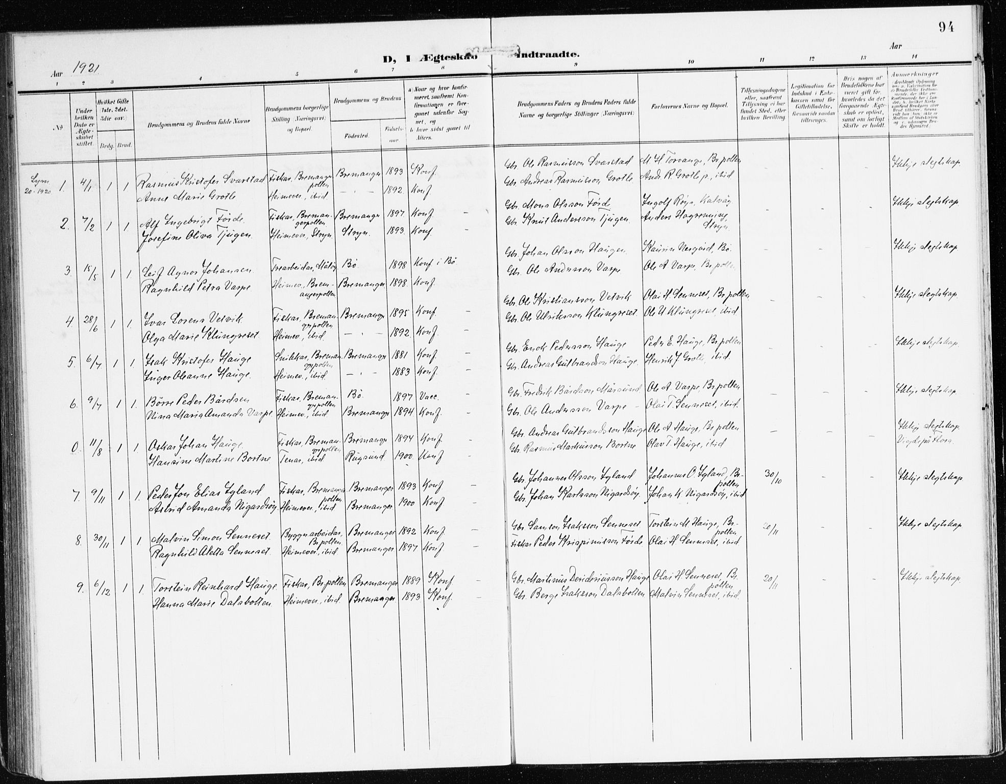Bremanger sokneprestembete, SAB/A-82201/H/Haa/Haac/L0001: Parish register (official) no. C 1, 1908-1921, p. 94