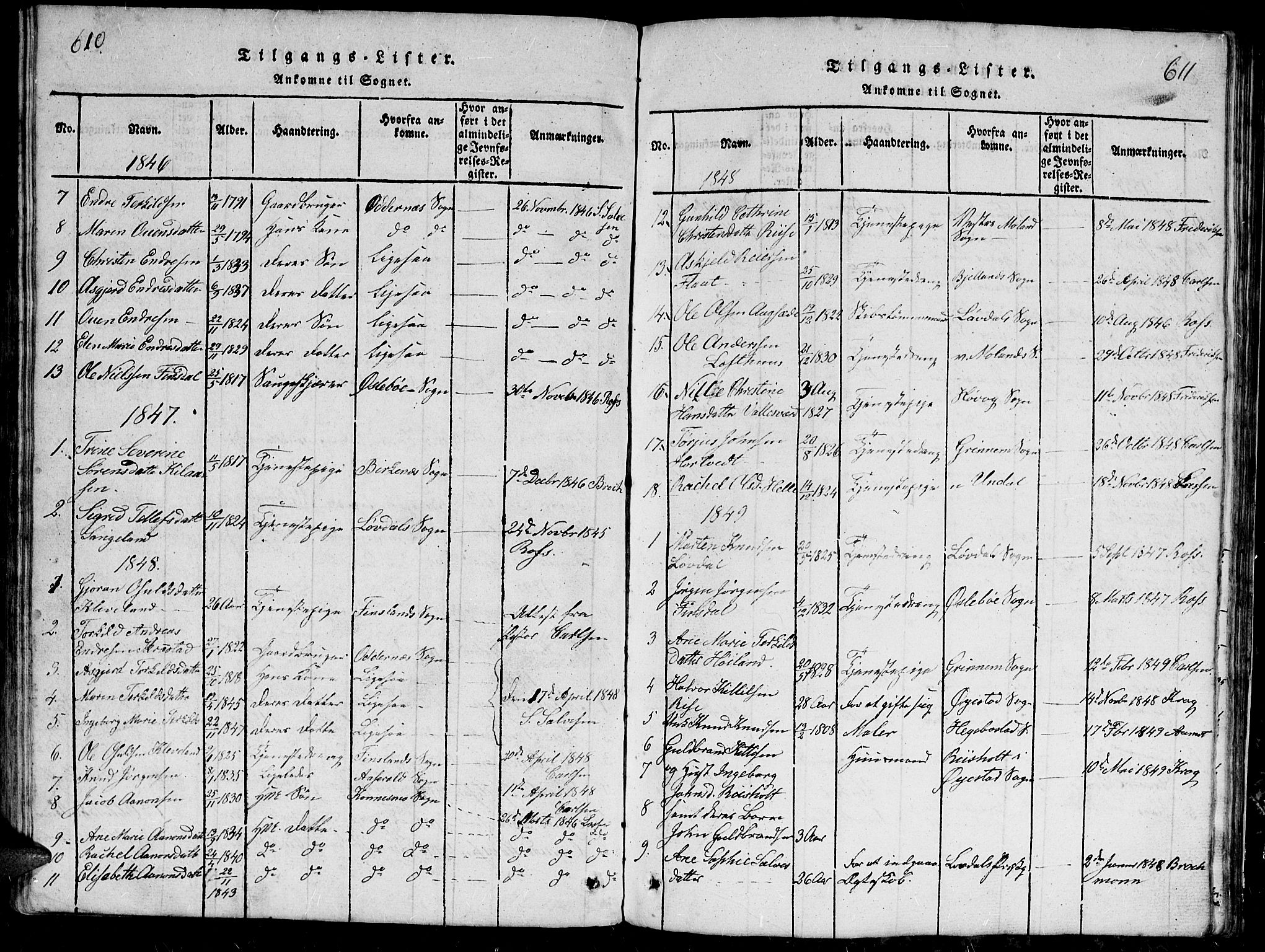 Hommedal sokneprestkontor, SAK/1111-0023/F/Fb/Fbb/L0003: Parish register (copy) no. B 3 /1, 1816-1850, p. 610-611