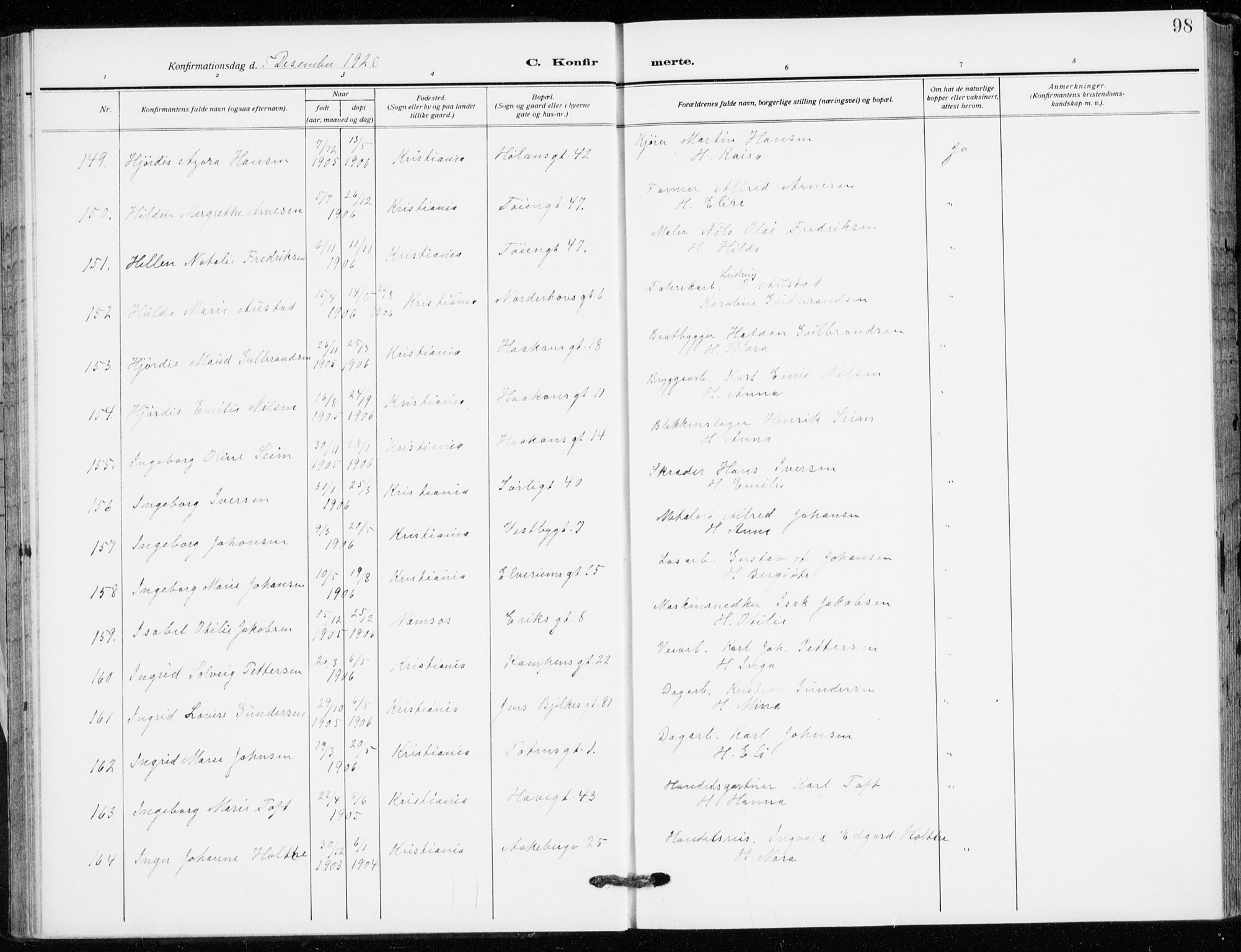 Kampen prestekontor Kirkebøker, AV/SAO-A-10853/F/Fa/L0013: Parish register (official) no. I 13, 1917-1922, p. 98