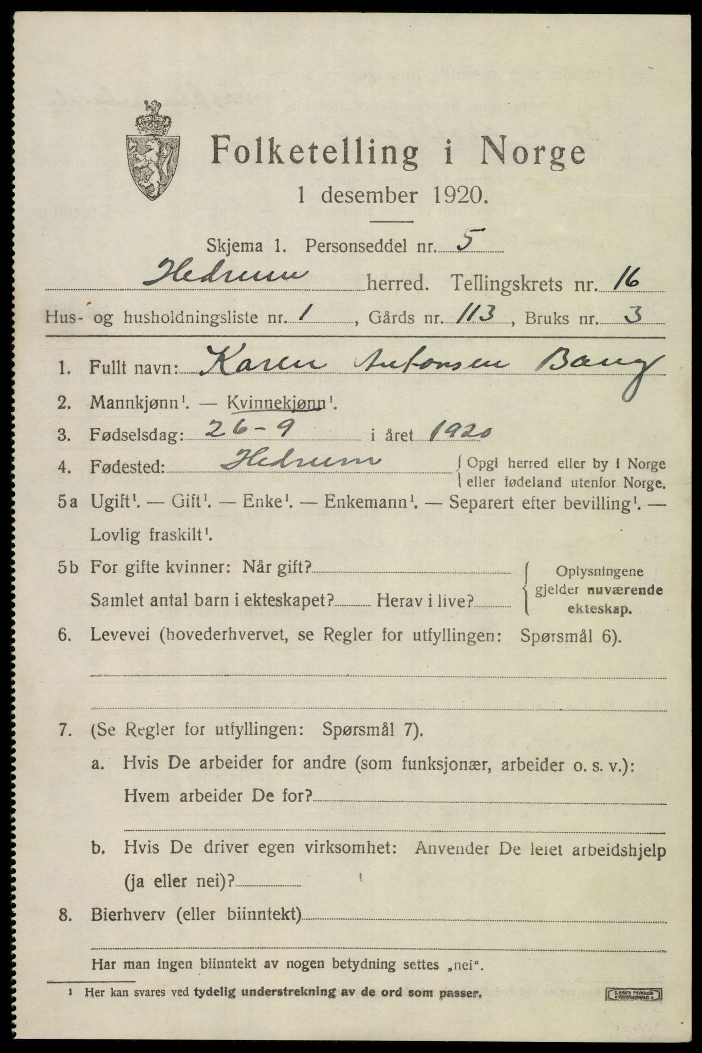 SAKO, 1920 census for Hedrum, 1920, p. 10513