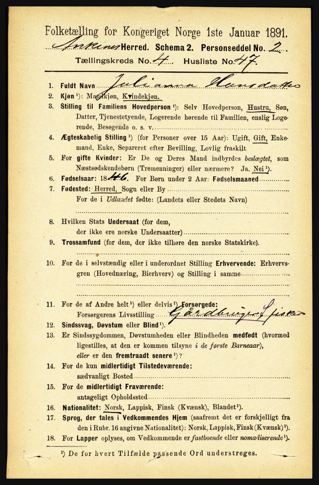 RA, 1891 census for 1855 Ankenes, 1891, p. 2626