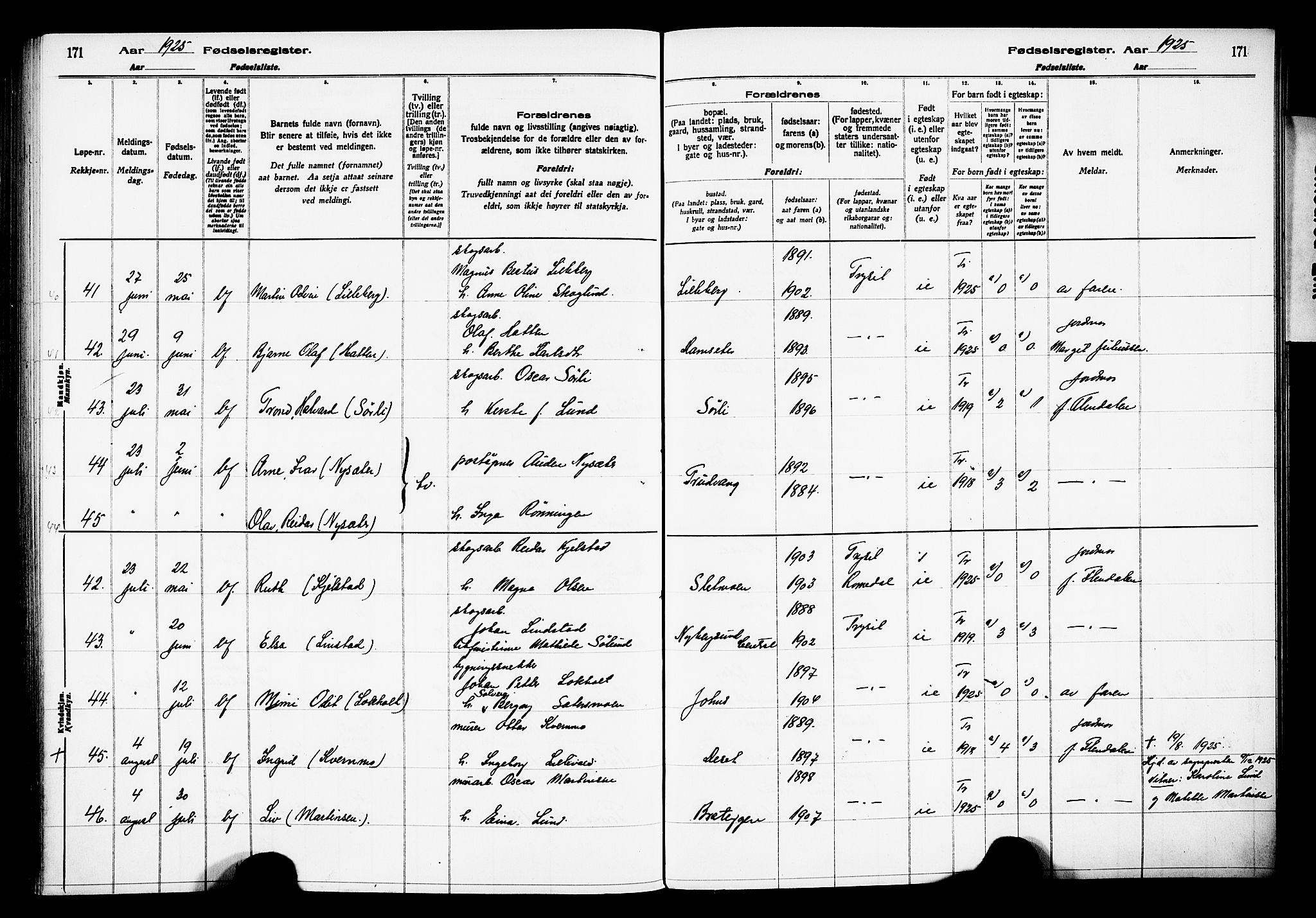 Trysil prestekontor, AV/SAH-PREST-046/I/Id/Ida/L0001: Birth register no. I 1, 1916-1927, p. 171