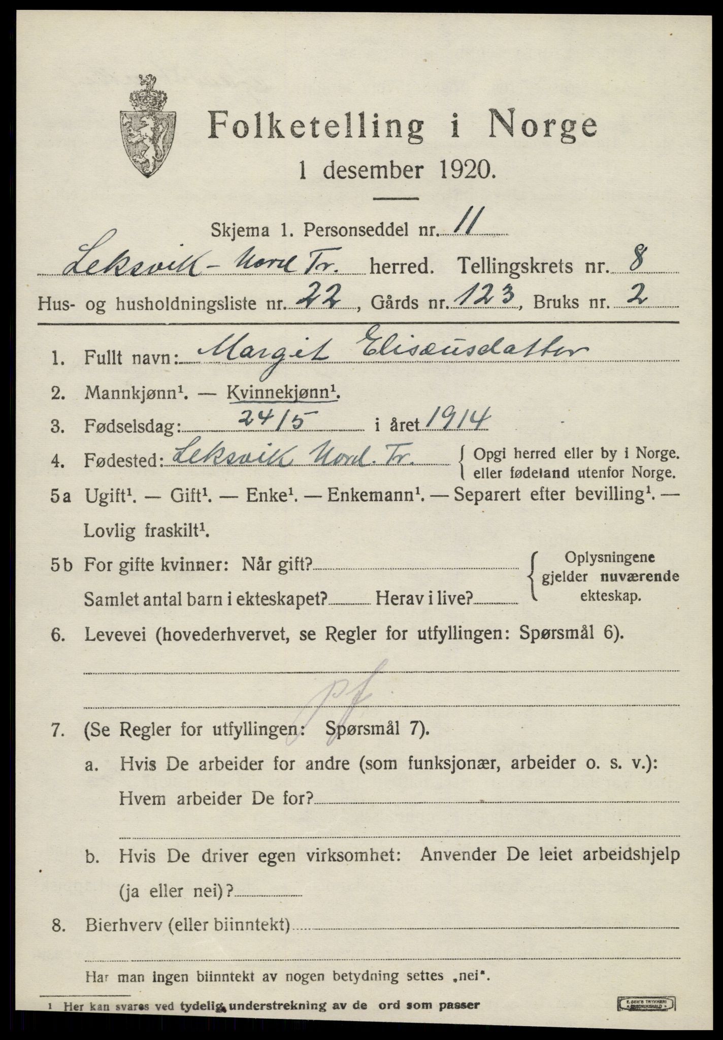 SAT, 1920 census for Leksvik, 1920, p. 6798