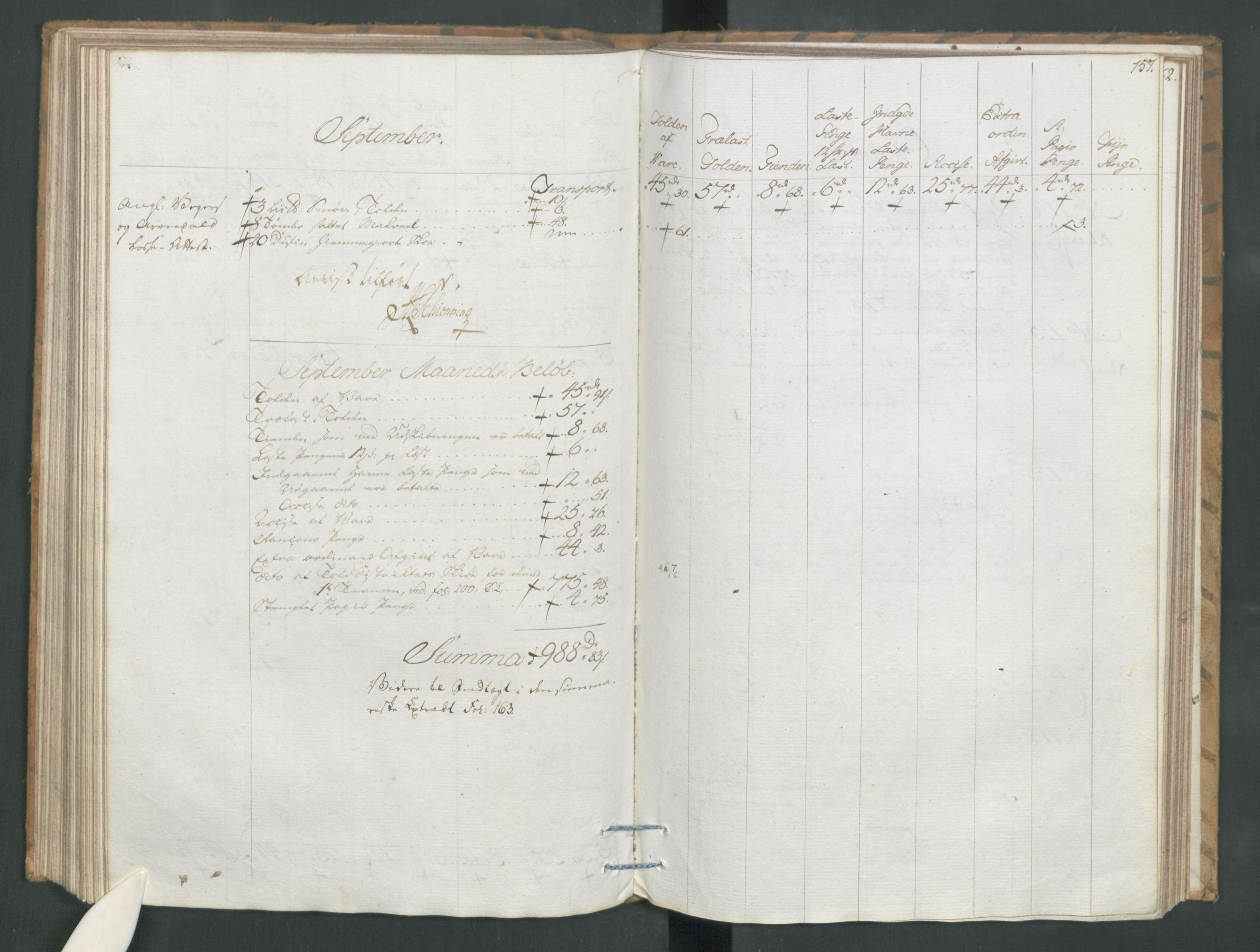 Generaltollkammeret, tollregnskaper, AV/RA-EA-5490/R19/L0054/0001: Tollregnskaper Flekkefjord / Tollbok, 1794, p. 156b-157a