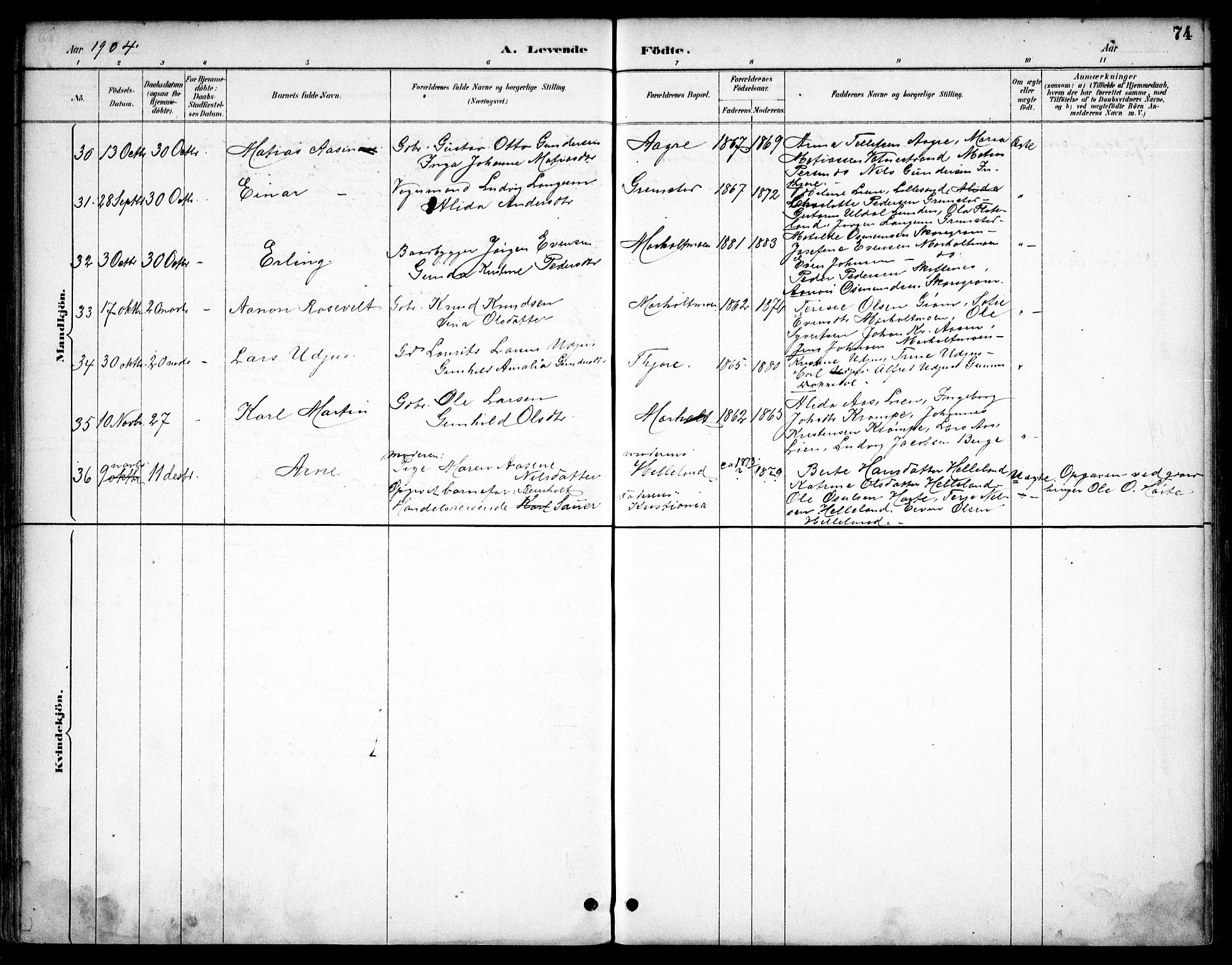 Hommedal sokneprestkontor, AV/SAK-1111-0023/F/Fb/Fbb/L0007: Parish register (copy) no. B 7, 1885-1904, p. 74