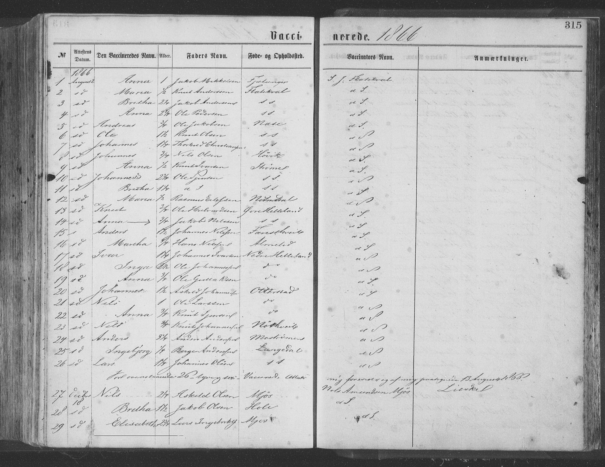 Hosanger sokneprestembete, AV/SAB-A-75801/H/Haa: Parish register (official) no. A 9, 1864-1876, p. 315