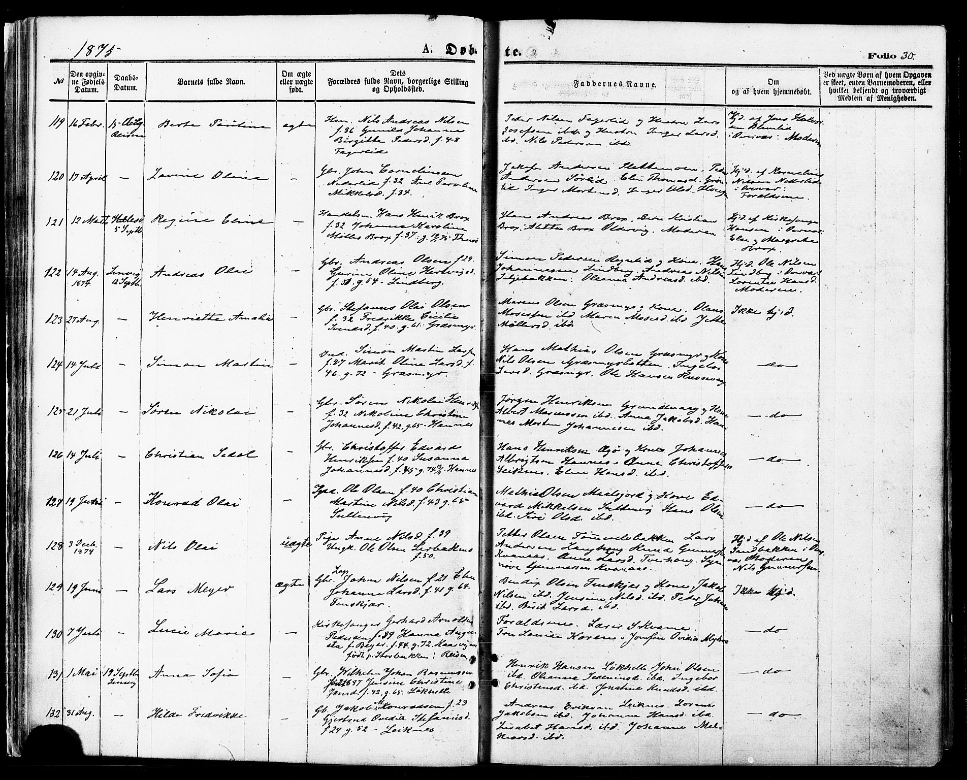Lenvik sokneprestembete, AV/SATØ-S-1310/H/Ha/Haa/L0010kirke: Parish register (official) no. 10, 1873-1880, p. 30