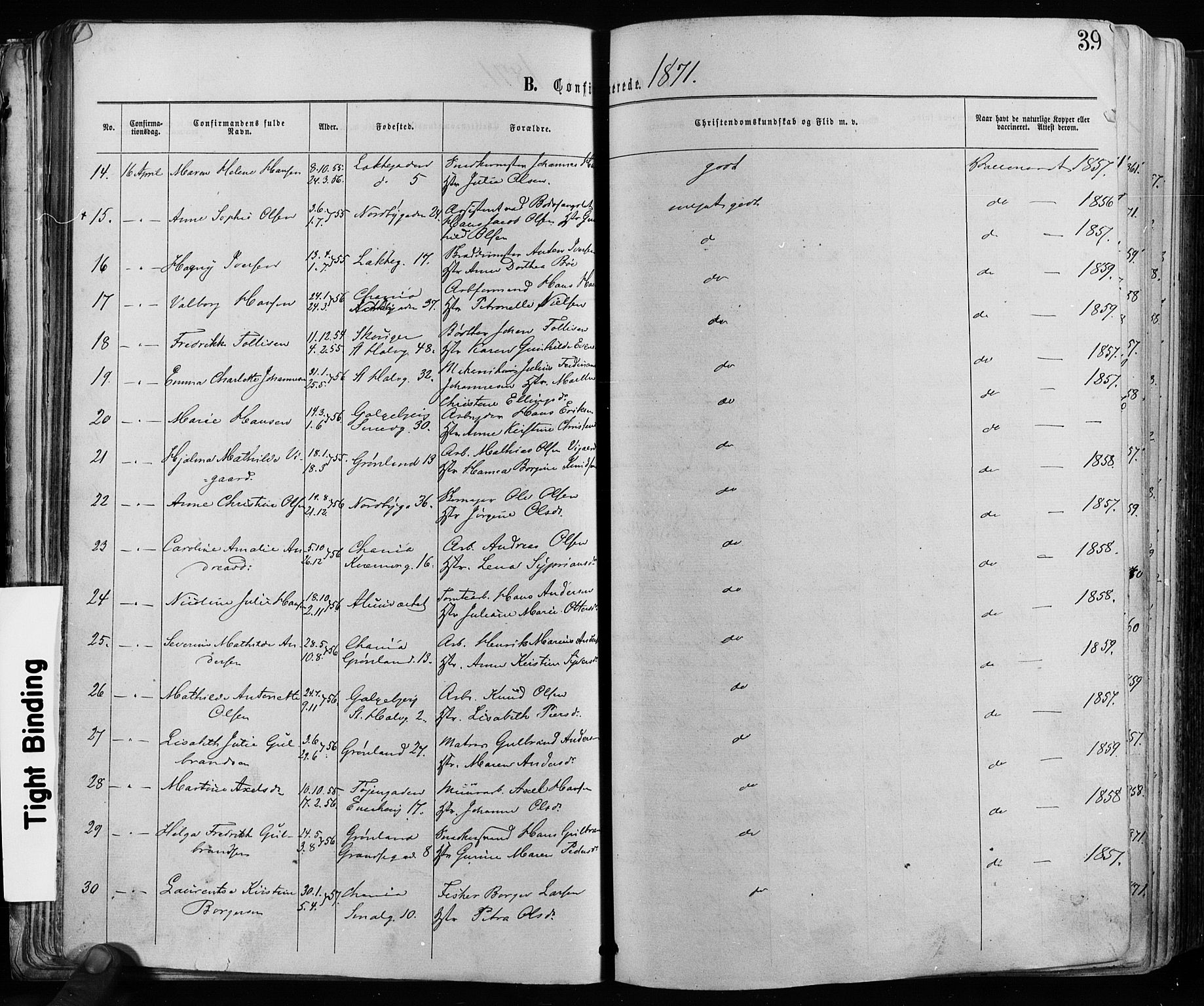 Grønland prestekontor Kirkebøker, SAO/A-10848/F/Fa/L0005: Parish register (official) no. 5, 1869-1880, p. 39