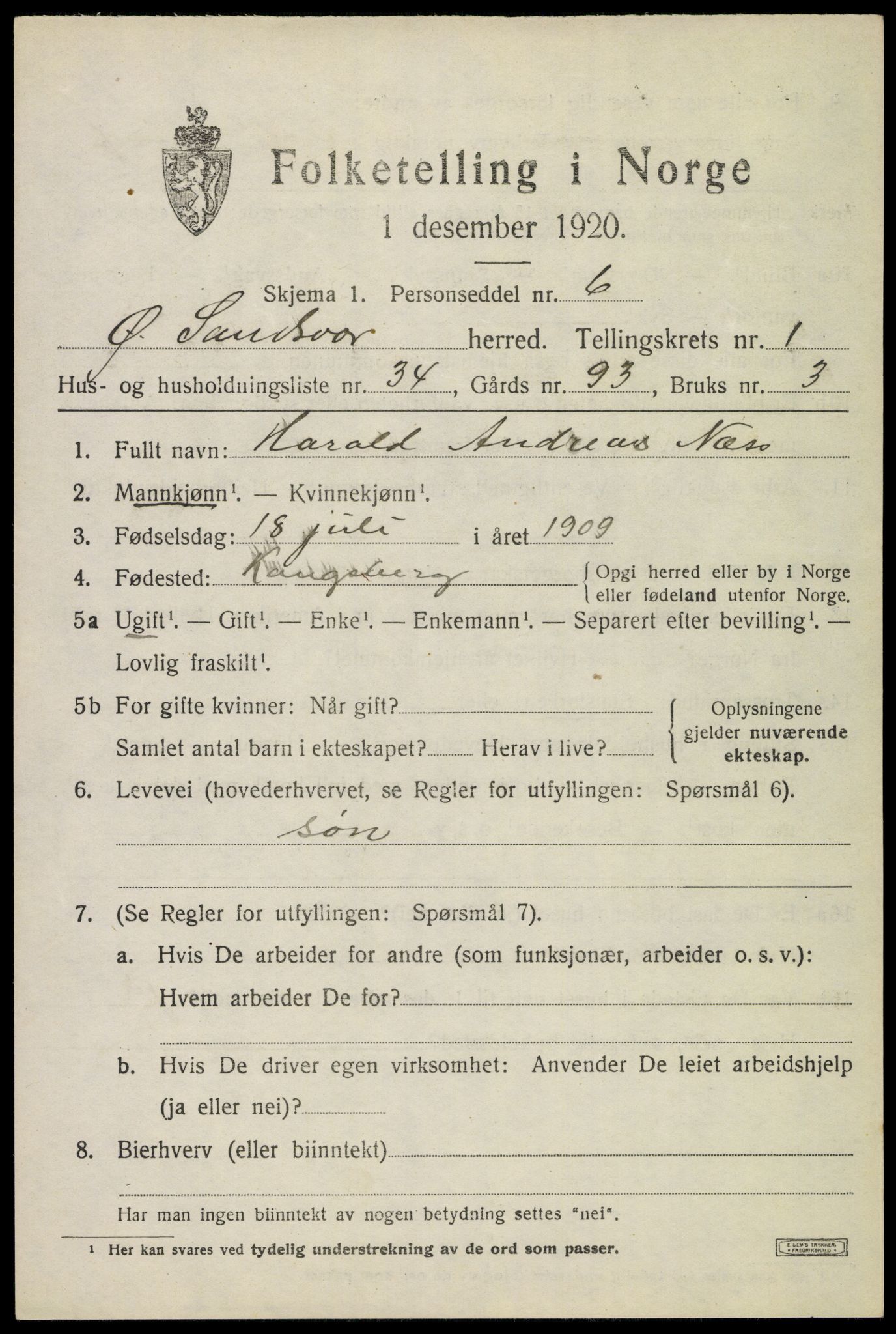 SAKO, 1920 census for Øvre Sandsvær, 1920, p. 1352