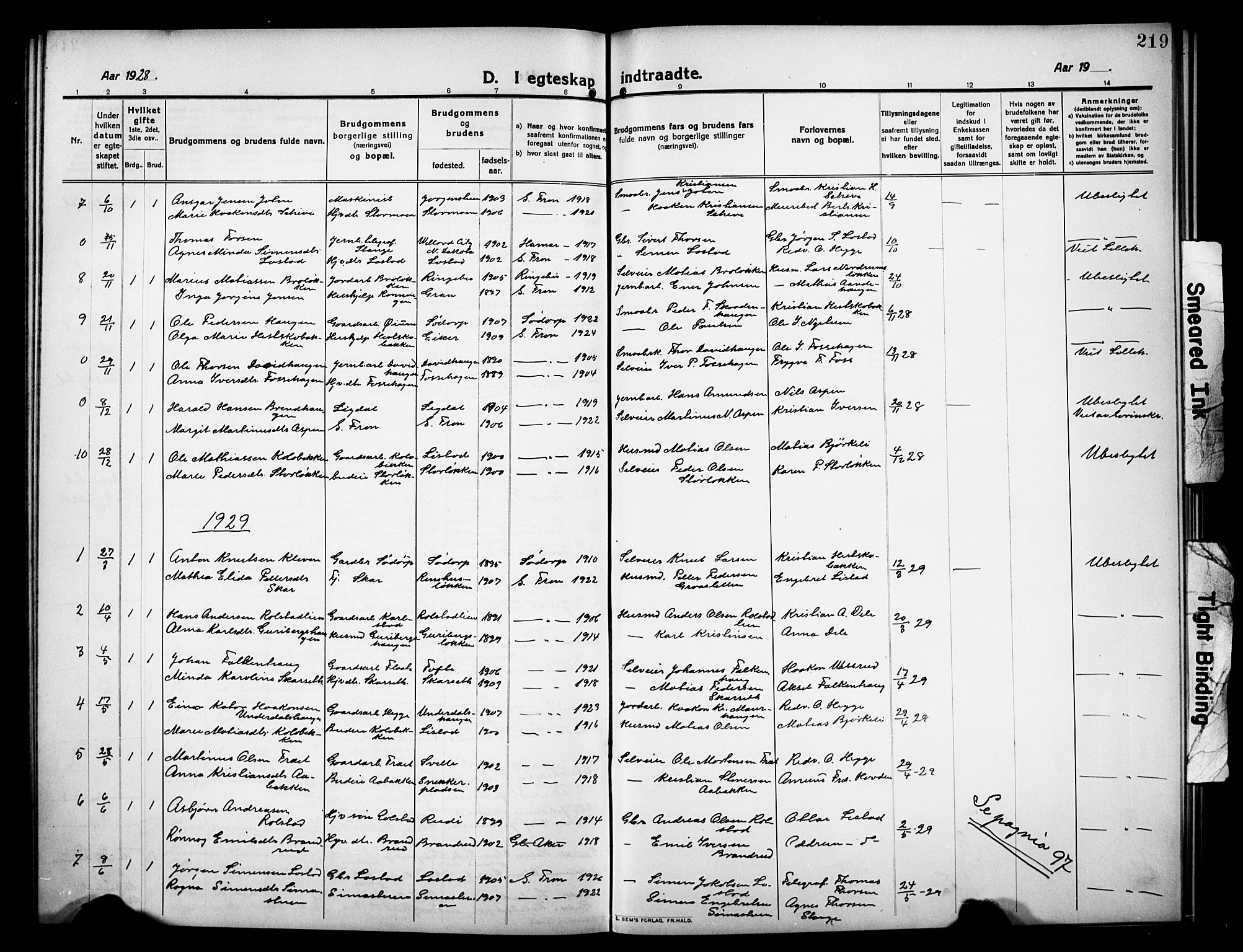 Sør-Fron prestekontor, AV/SAH-PREST-010/H/Ha/Hab/L0005: Parish register (copy) no. 5, 1912-1930, p. 219