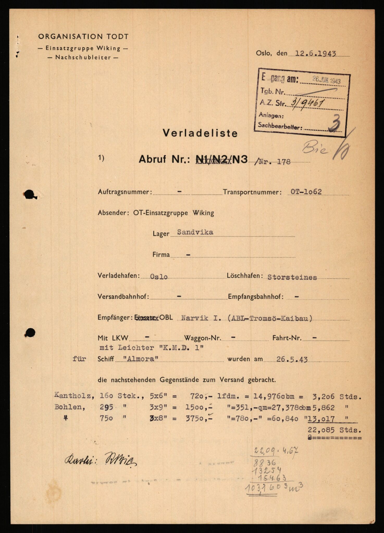 Tyske arkiver, Organisation Todt (OT), Einsatzgruppe Wiking, AV/RA-RAFA-2188/1/E/E6/E6c/L0007: Nachschub: Arkivkode 9451-9490, 1940-1945, p. 26
