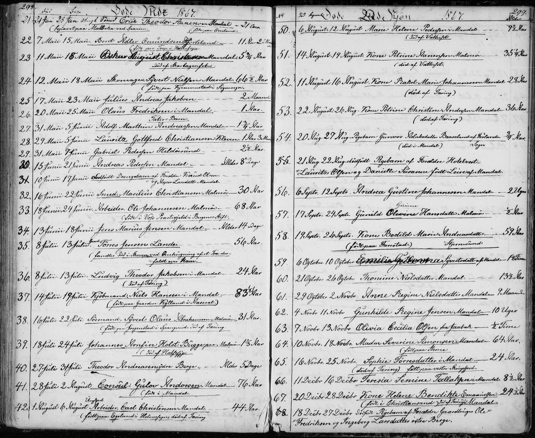 Mandal sokneprestkontor, SAK/1111-0030/F/Fb/Fba/L0008: Parish register (copy) no. B 2, 1854-1868, p. 298-299