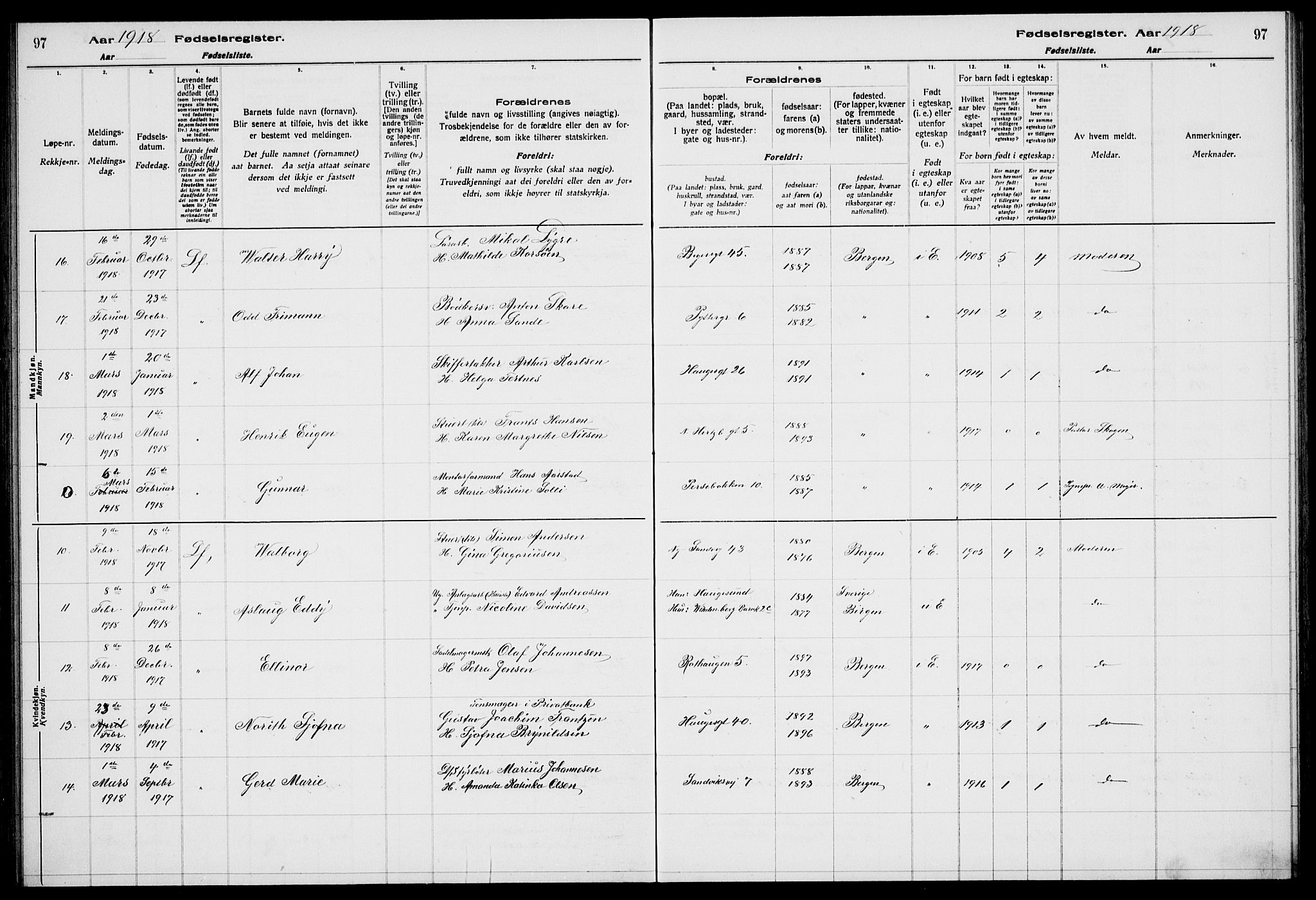 Sandviken Sokneprestembete, AV/SAB-A-77601/I/Ib/L00A1: Birth register no. A 1, 1915-1920, p. 97