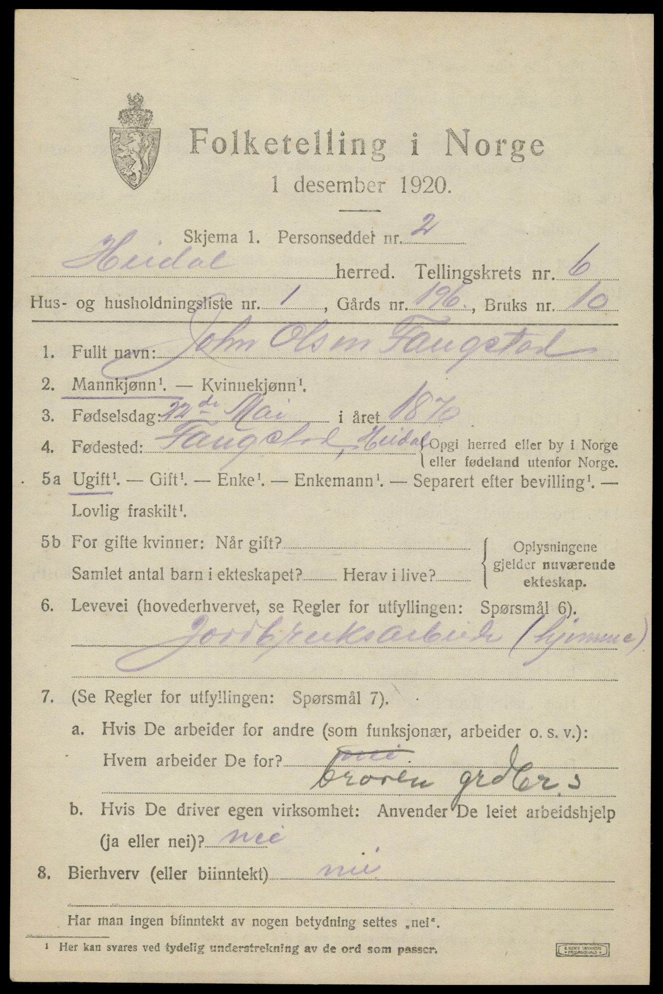 SAH, 1920 census for Heidal, 1920, p. 2792