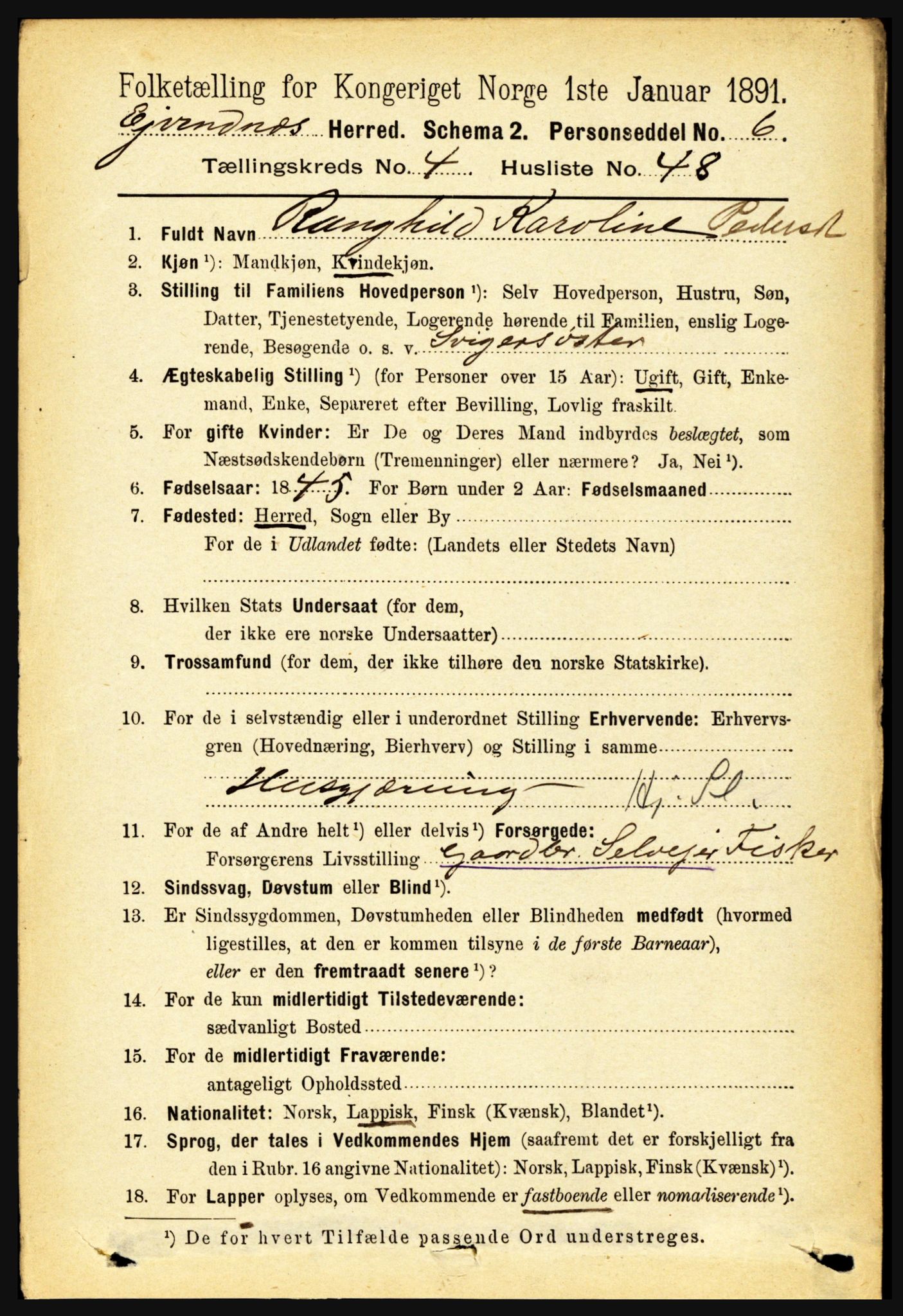 RA, 1891 census for 1853 Evenes, 1891, p. 1580