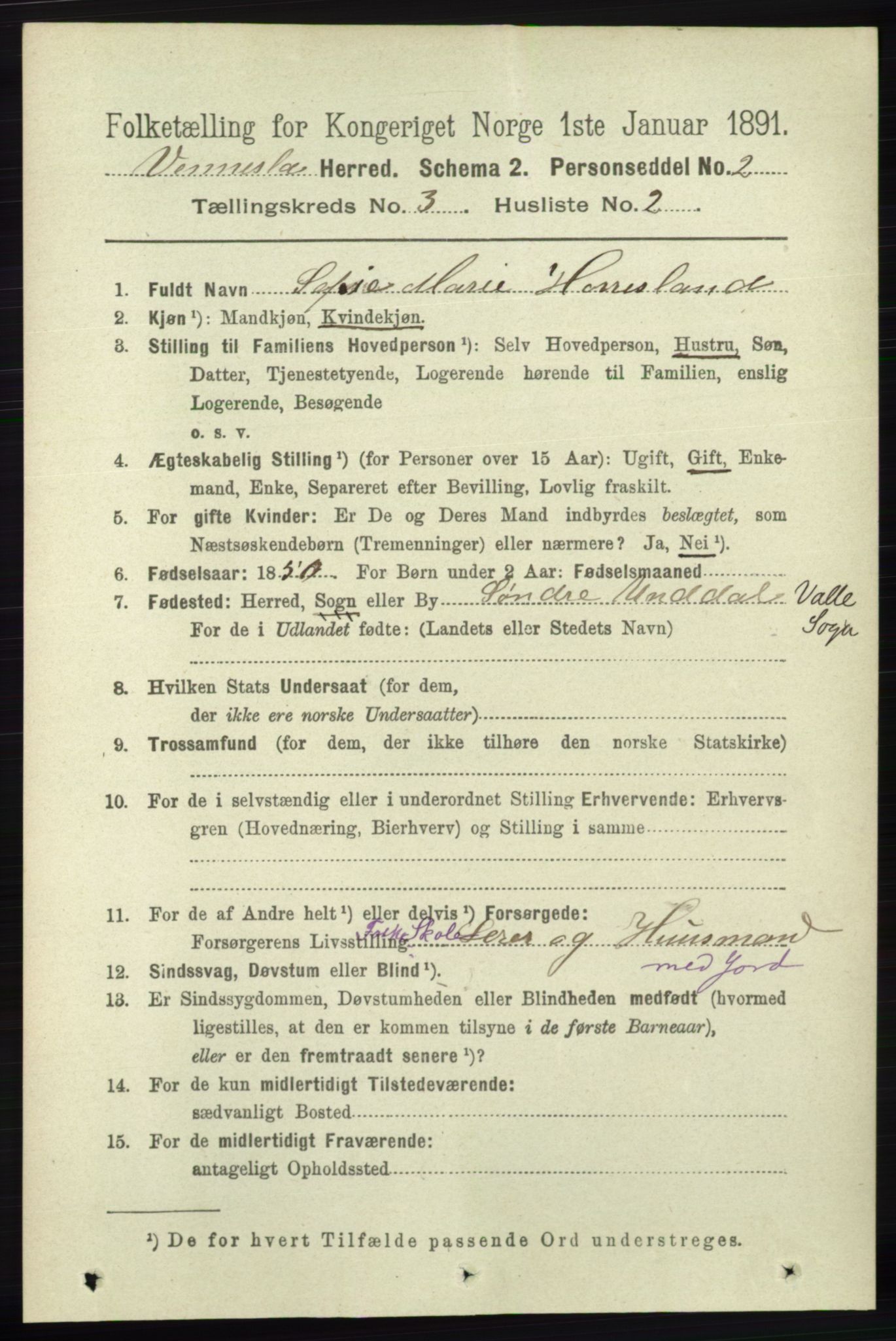 RA, 1891 census for 1014 Vennesla, 1891, p. 645