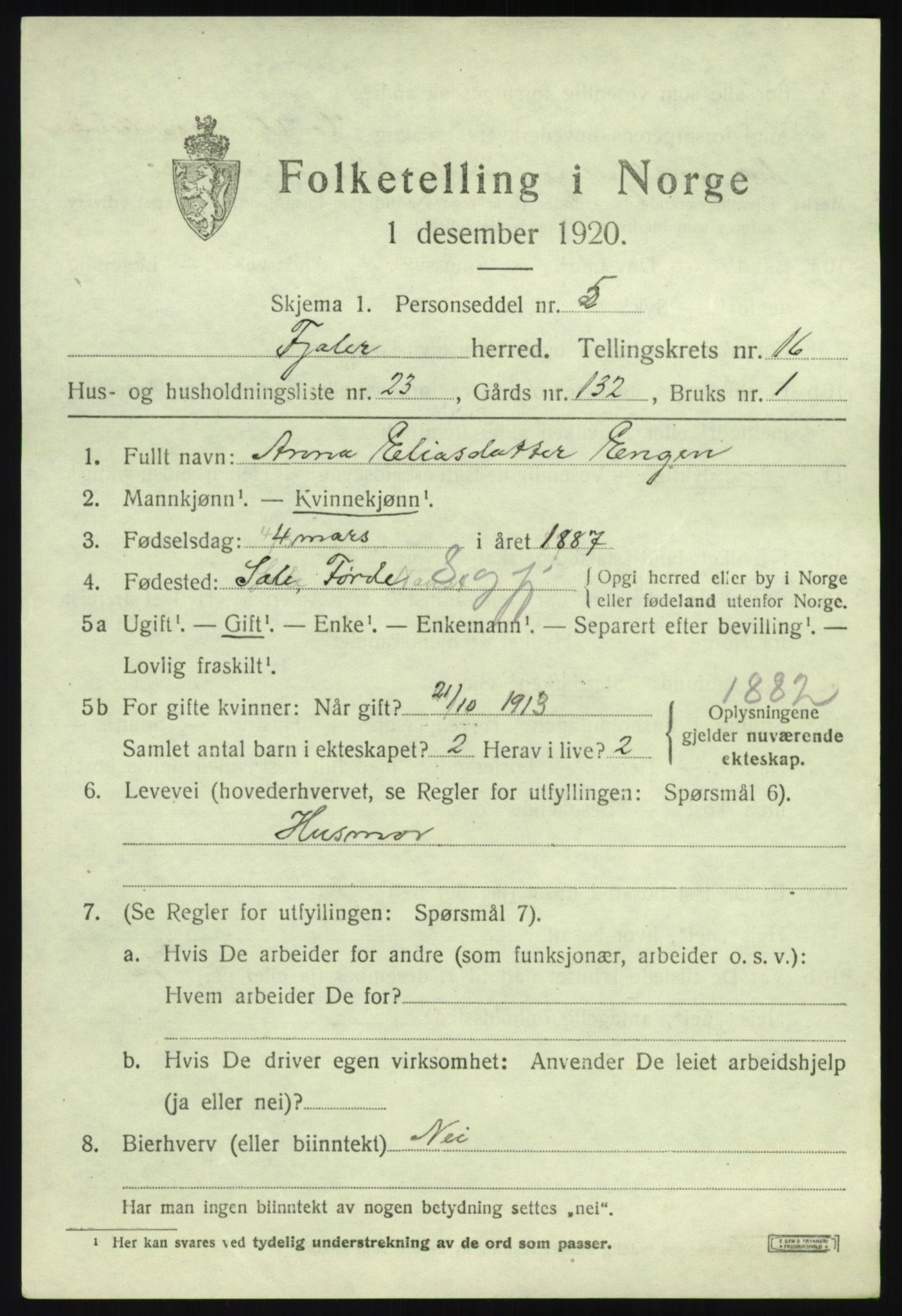 SAB, 1920 census for Fjaler, 1920, p. 8685