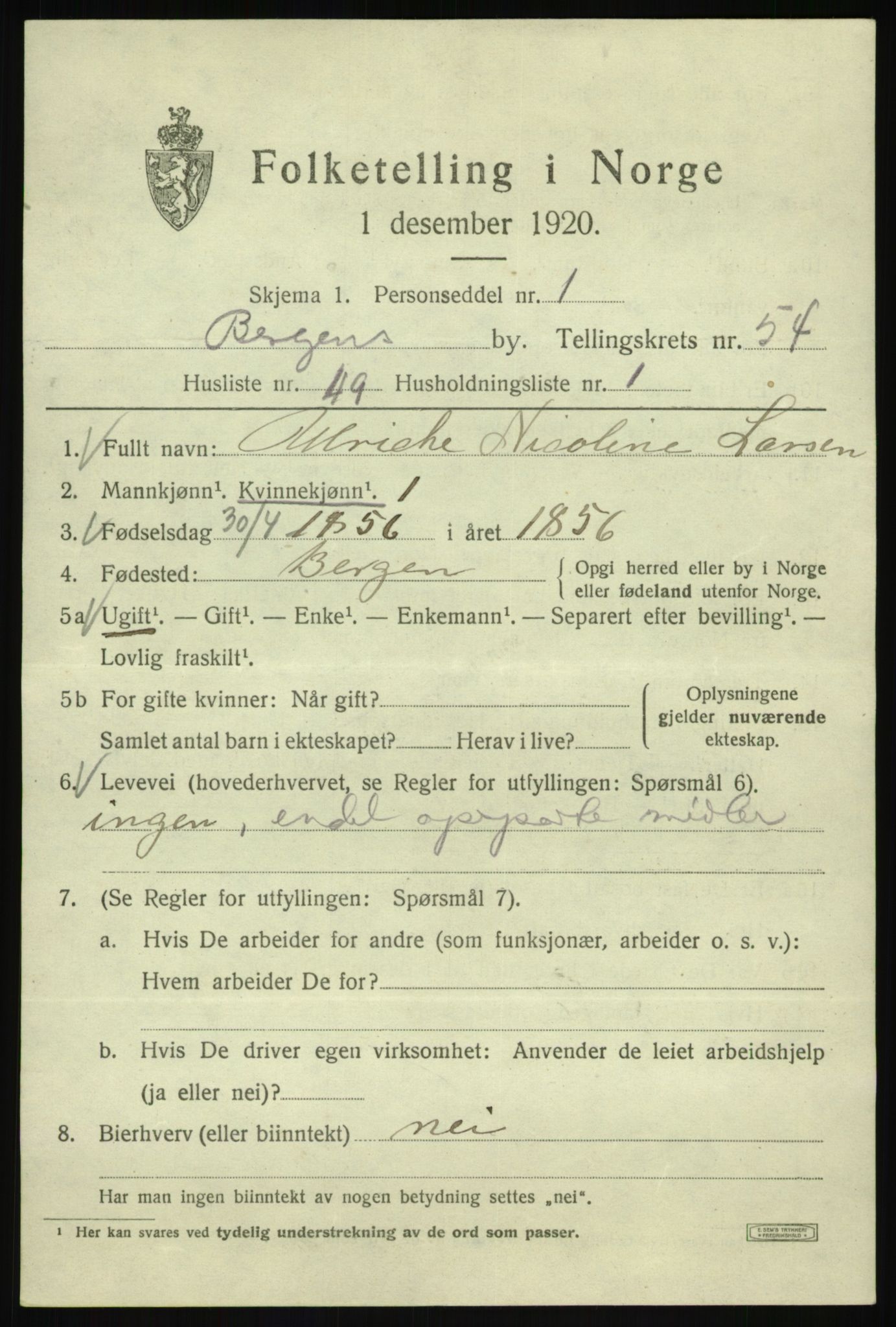 SAB, 1920 census for Bergen, 1920, p. 123695